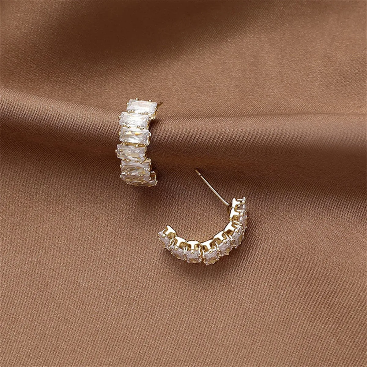 Crystal & 18K Gold-Plated Offset Baguette-Cut Huggie Earrings