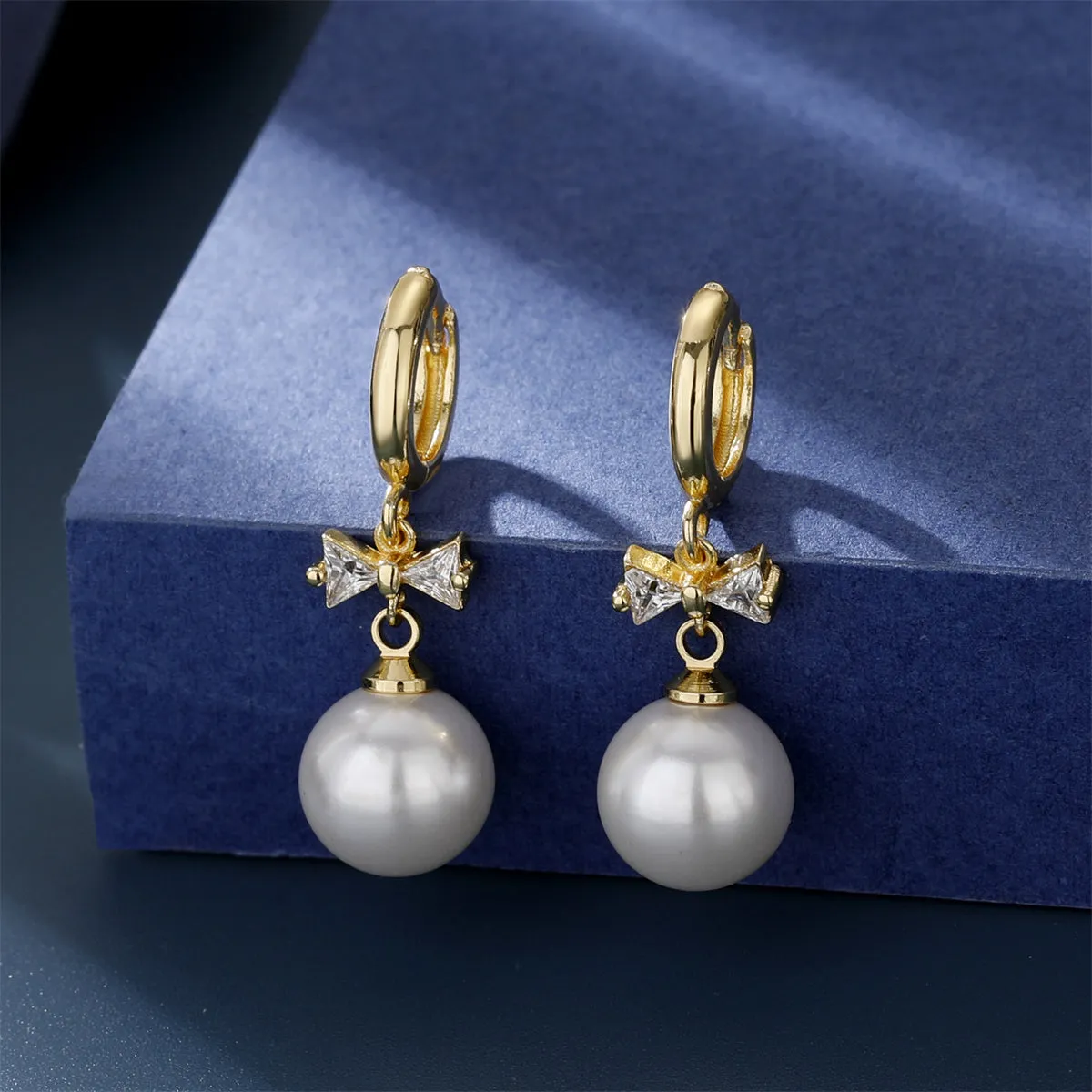 Crystal & Pearl 18K Gold-Plated Bow Huggie Earrings