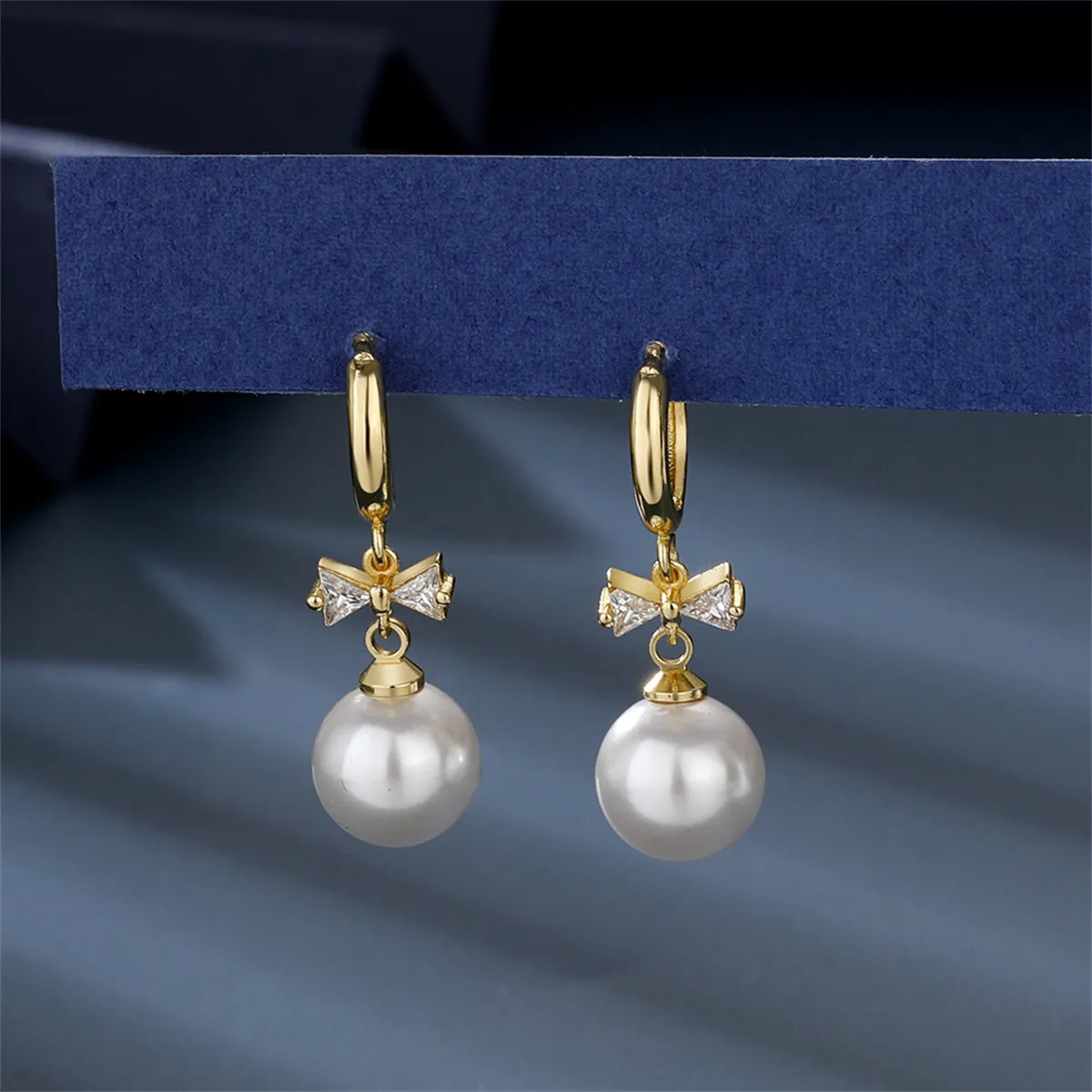 Crystal & Pearl 18K Gold-Plated Bow Huggie Earrings