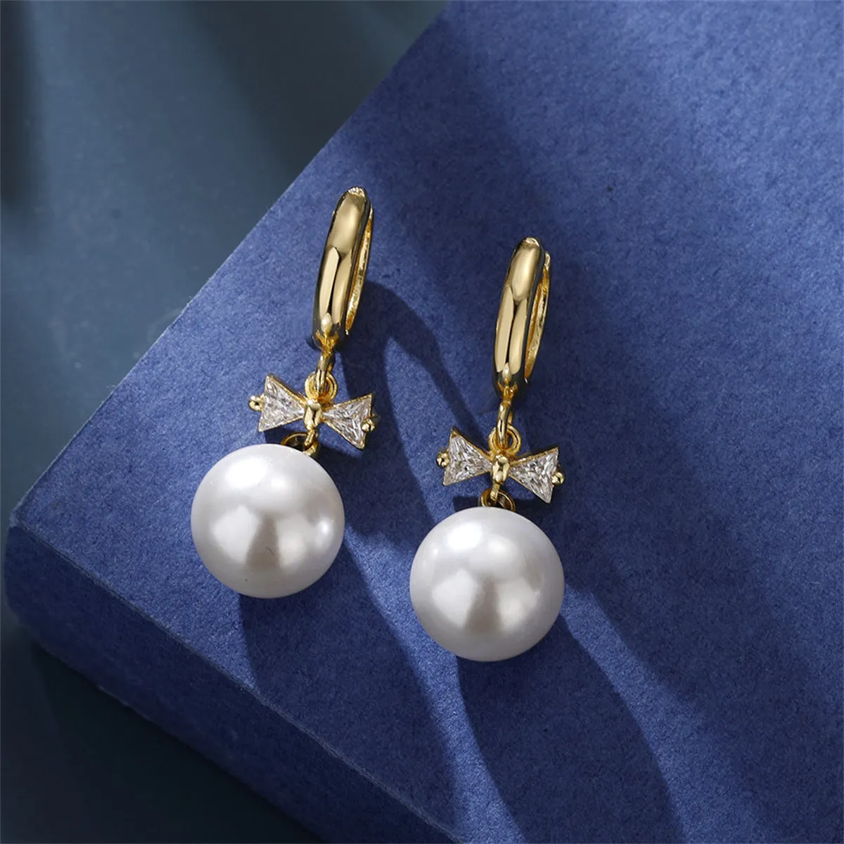 Crystal & Pearl 18K Gold-Plated Bow Huggie Earrings