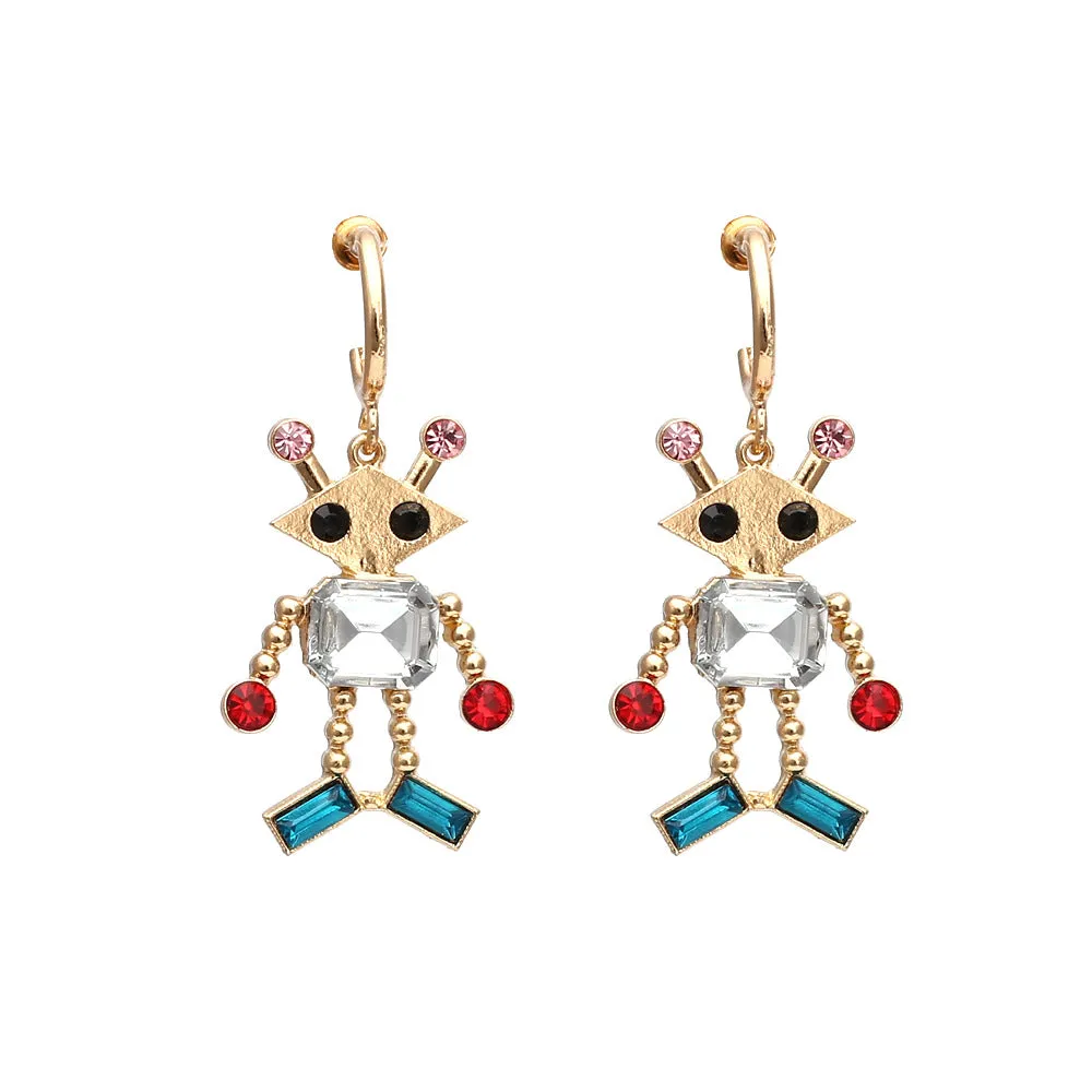 Crystal & Red Cubic Zirconia Robot Drop Earrings