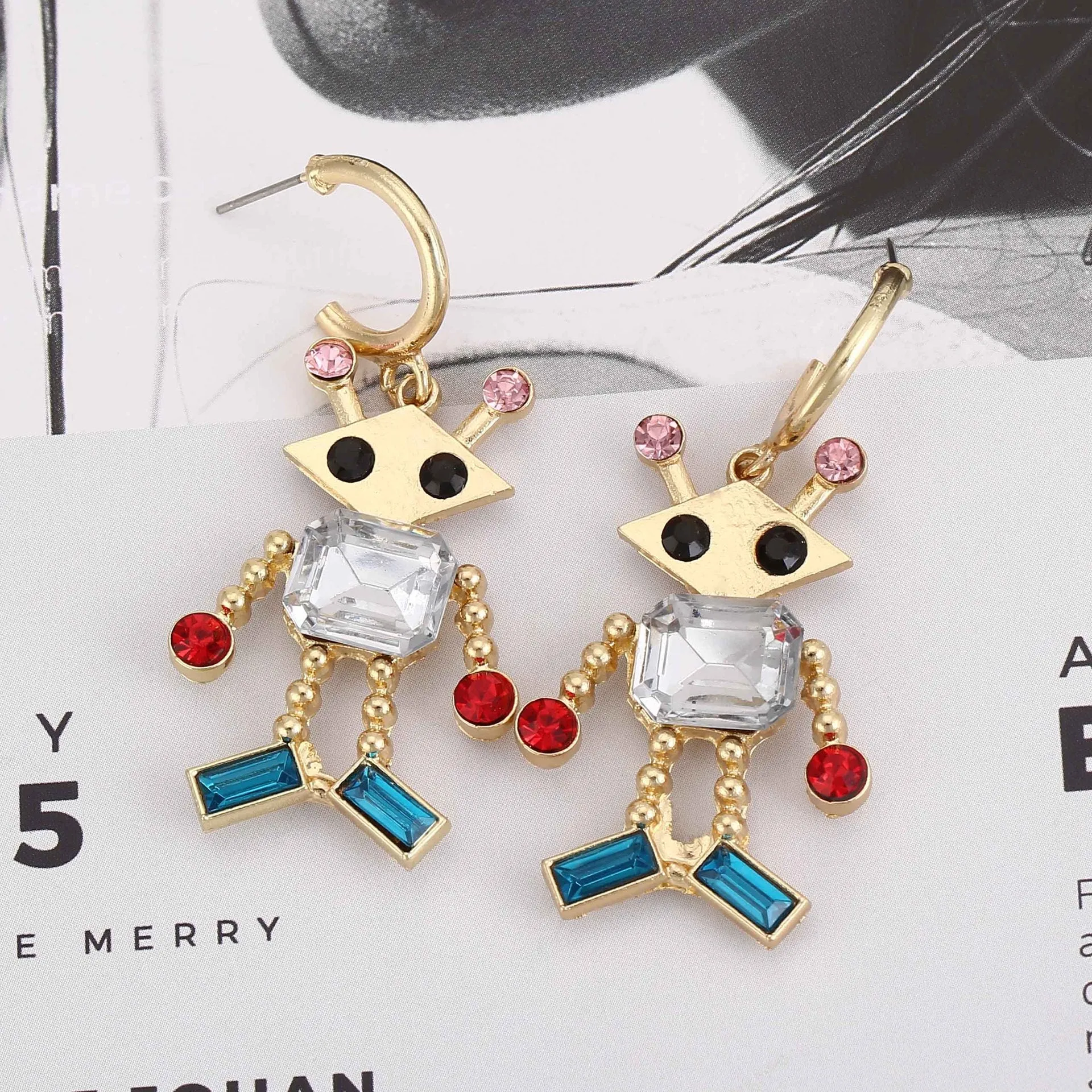 Crystal & Red Cubic Zirconia Robot Drop Earrings