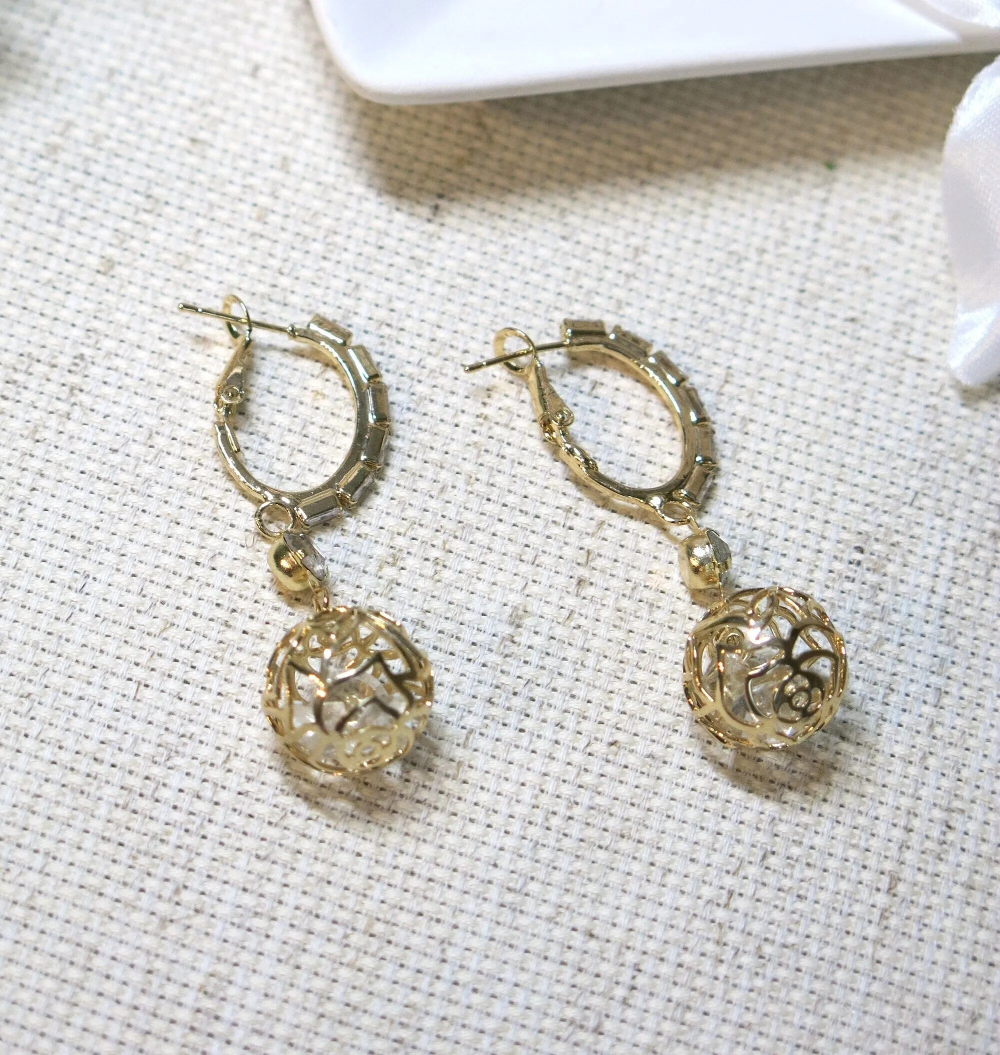 Crystal Studded Hoop Earrings, Sphere Charm Wedding Hooped Ear Studs, Bridal Spring Latch Back Hoop Earrings