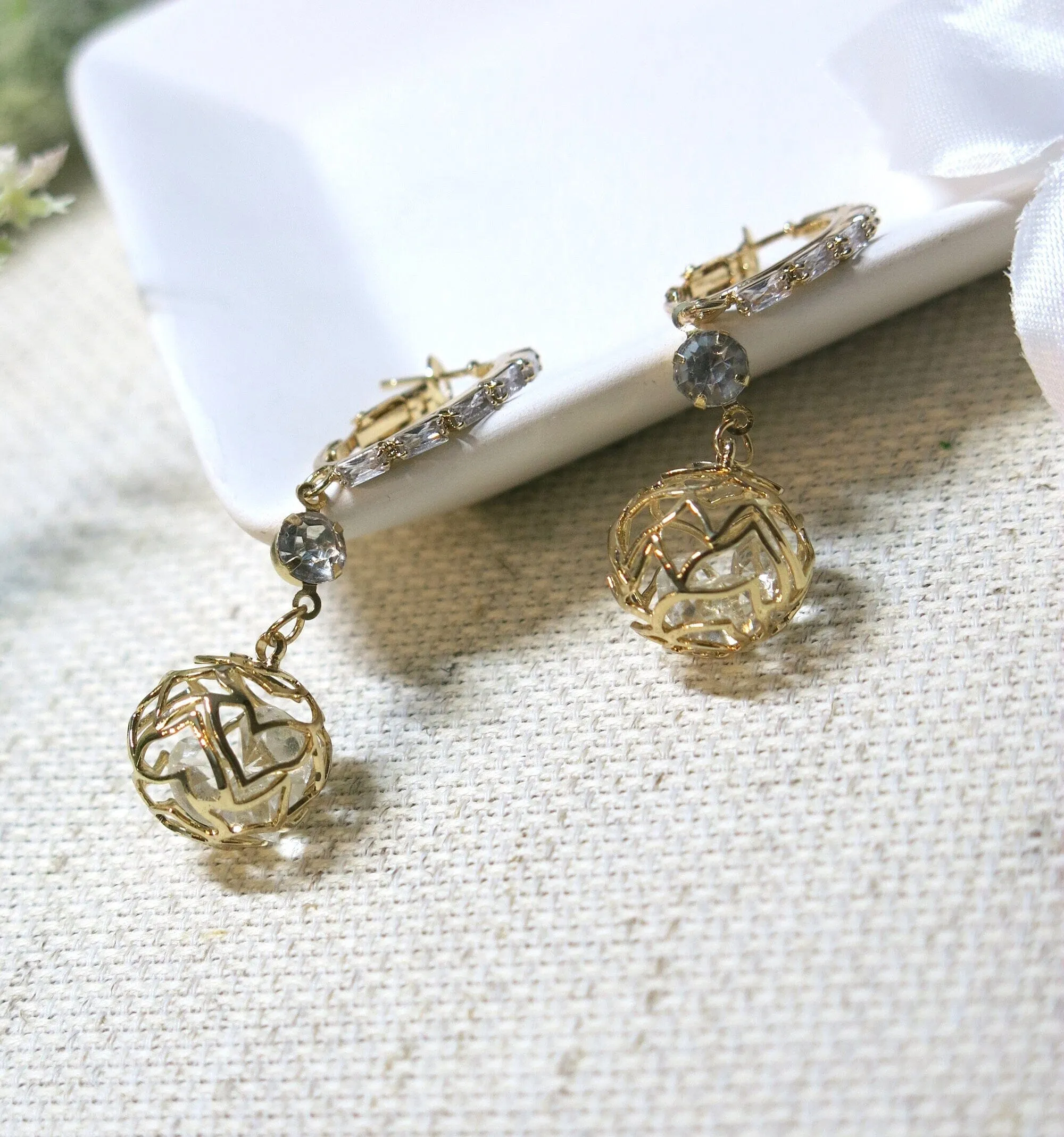 Crystal Studded Hoop Earrings, Sphere Charm Wedding Hooped Ear Studs, Bridal Spring Latch Back Hoop Earrings