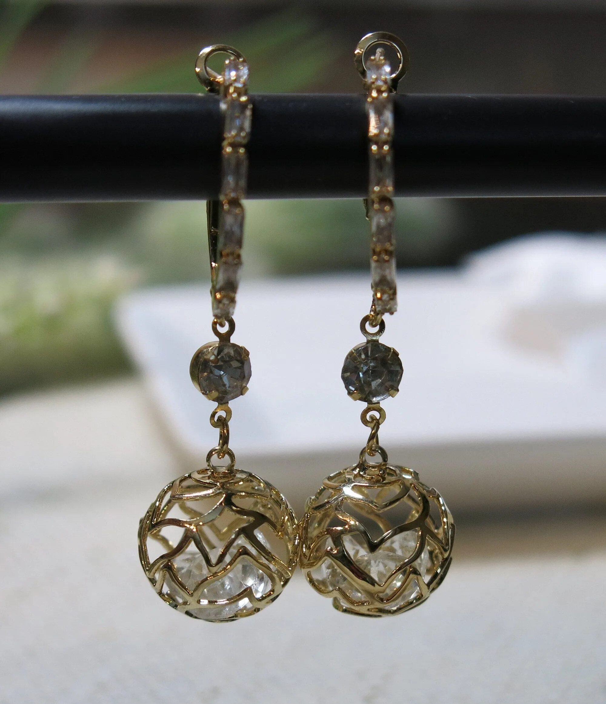 Crystal Studded Hoop Earrings, Sphere Charm Wedding Hooped Ear Studs, Bridal Spring Latch Back Hoop Earrings