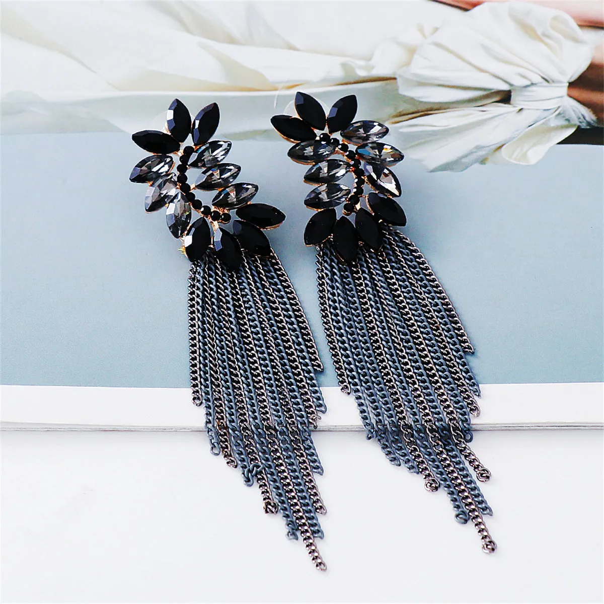 Cubic Zirconia & Black Crystal Tassel Drop Earrings