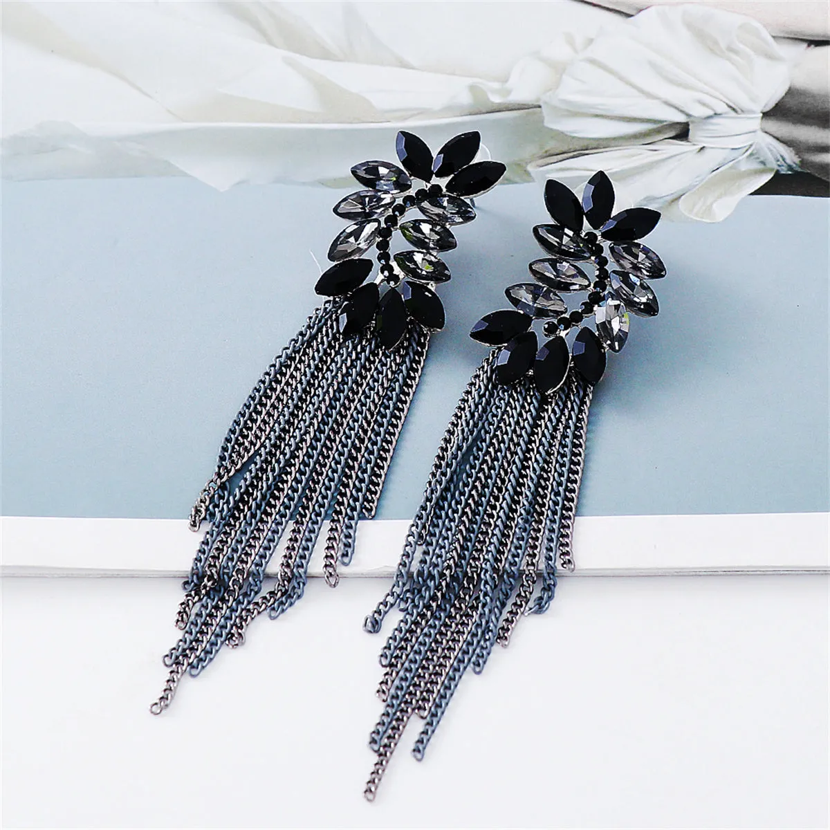 Cubic Zirconia & Black Crystal Tassel Drop Earrings