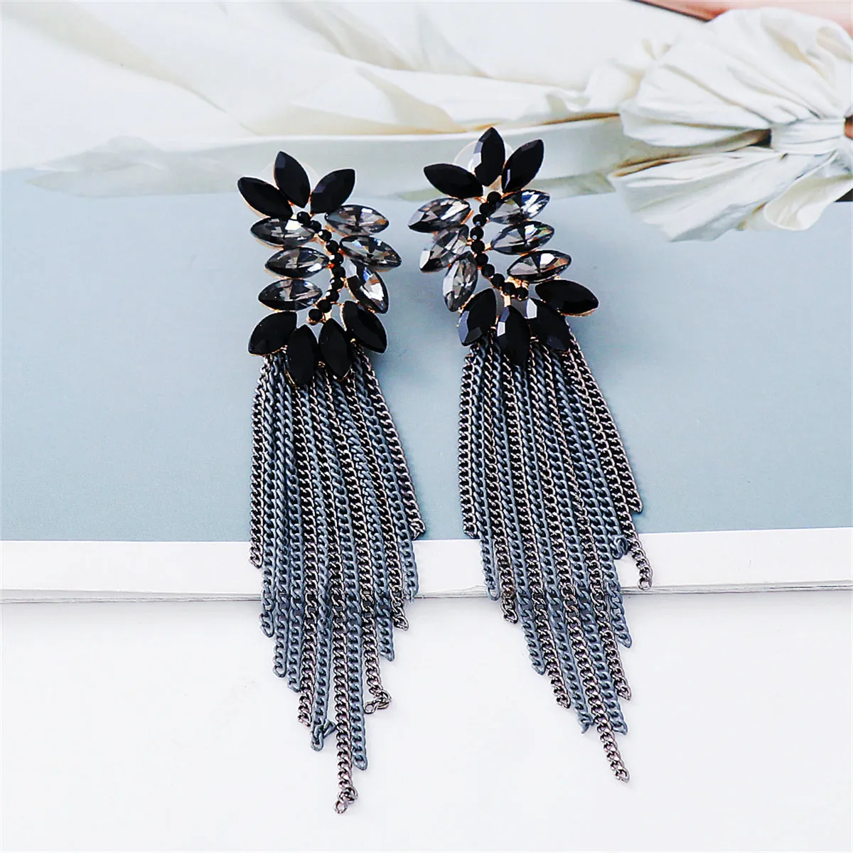 Cubic Zirconia & Black Crystal Tassel Drop Earrings