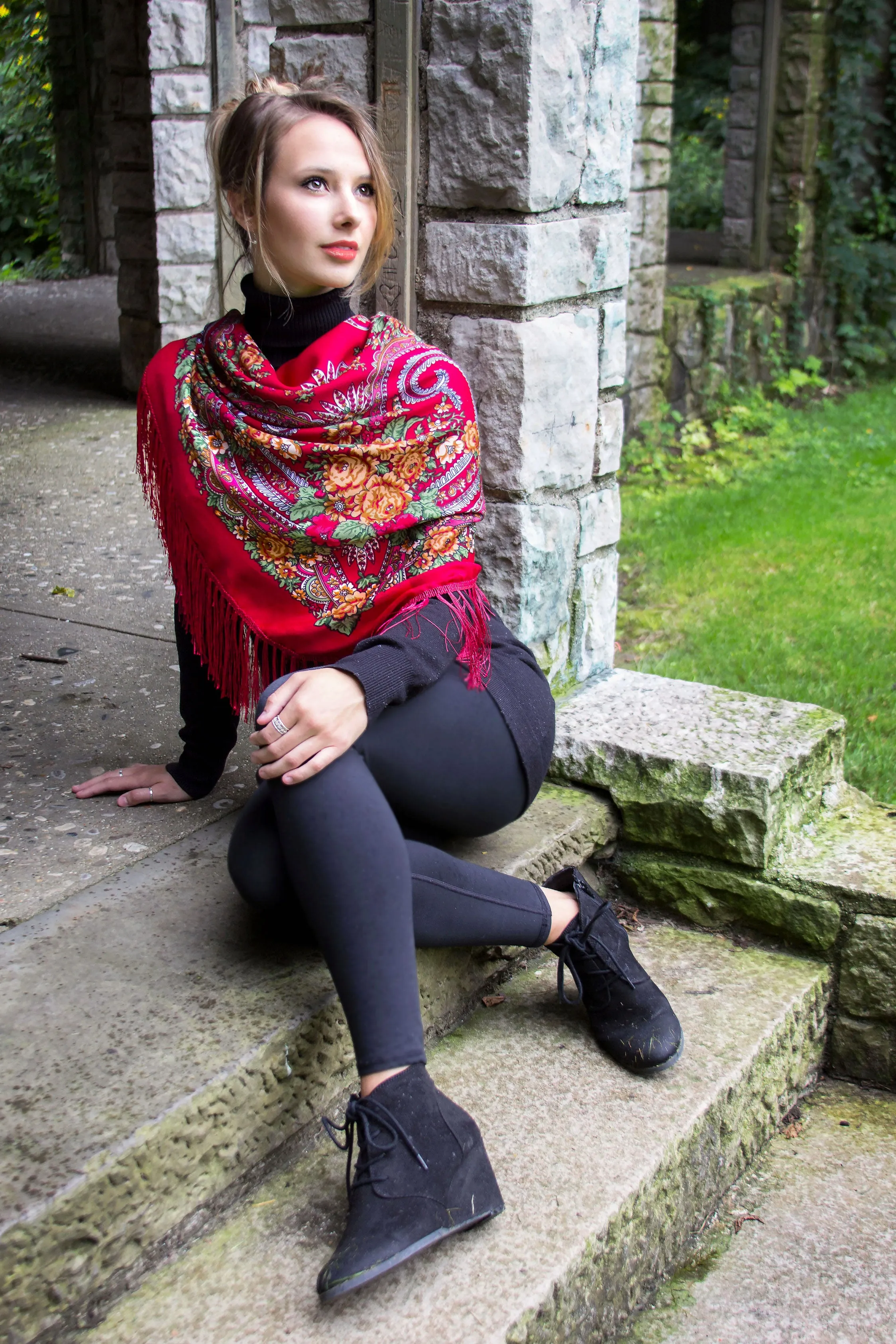 Dark Red Square Slavic Folk Scarf