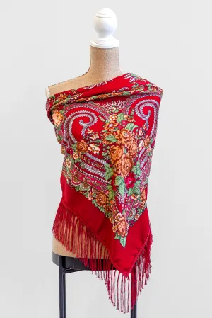 Dark Red Square Slavic Folk Scarf