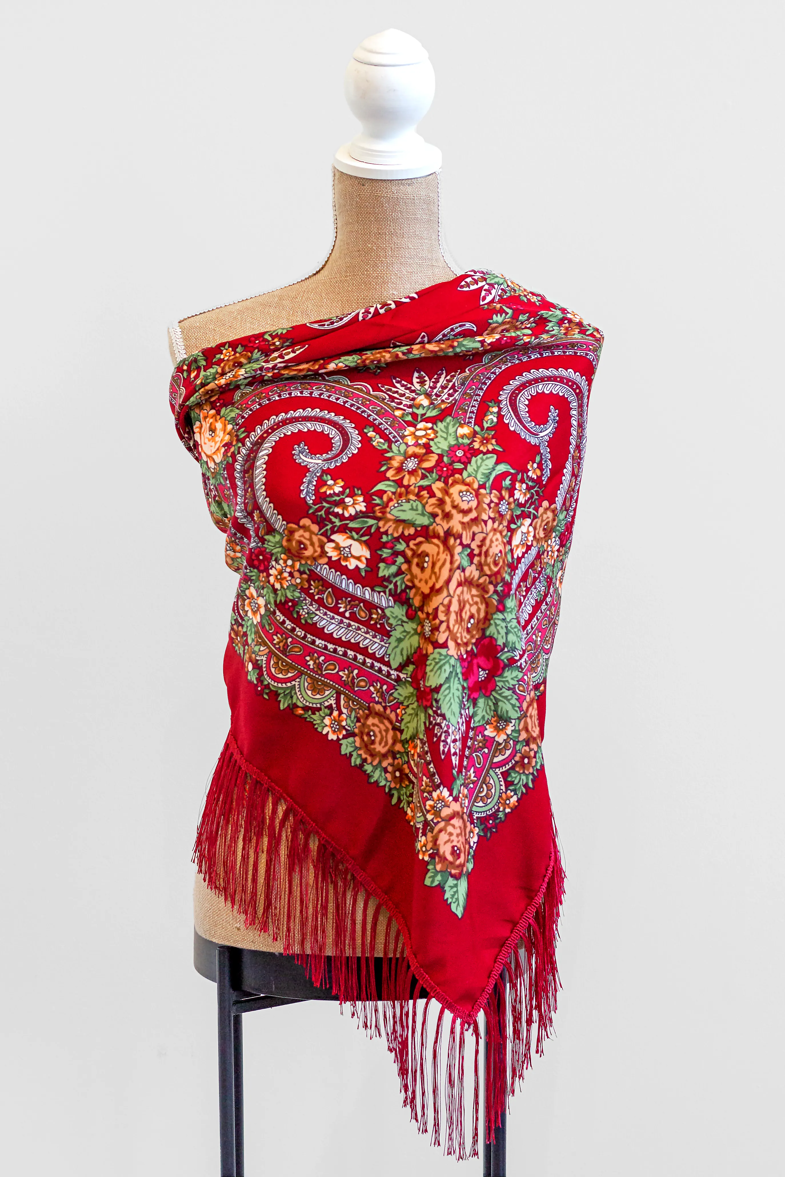 Dark Red Square Slavic Folk Scarf