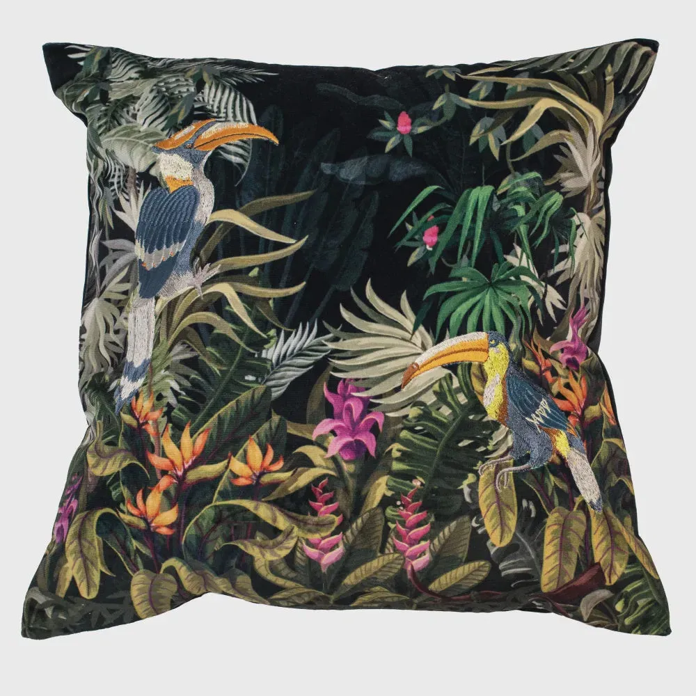 EMBROIDERED TOUCAN ON BLACK VELVET 45 X 45 CM CUSHION