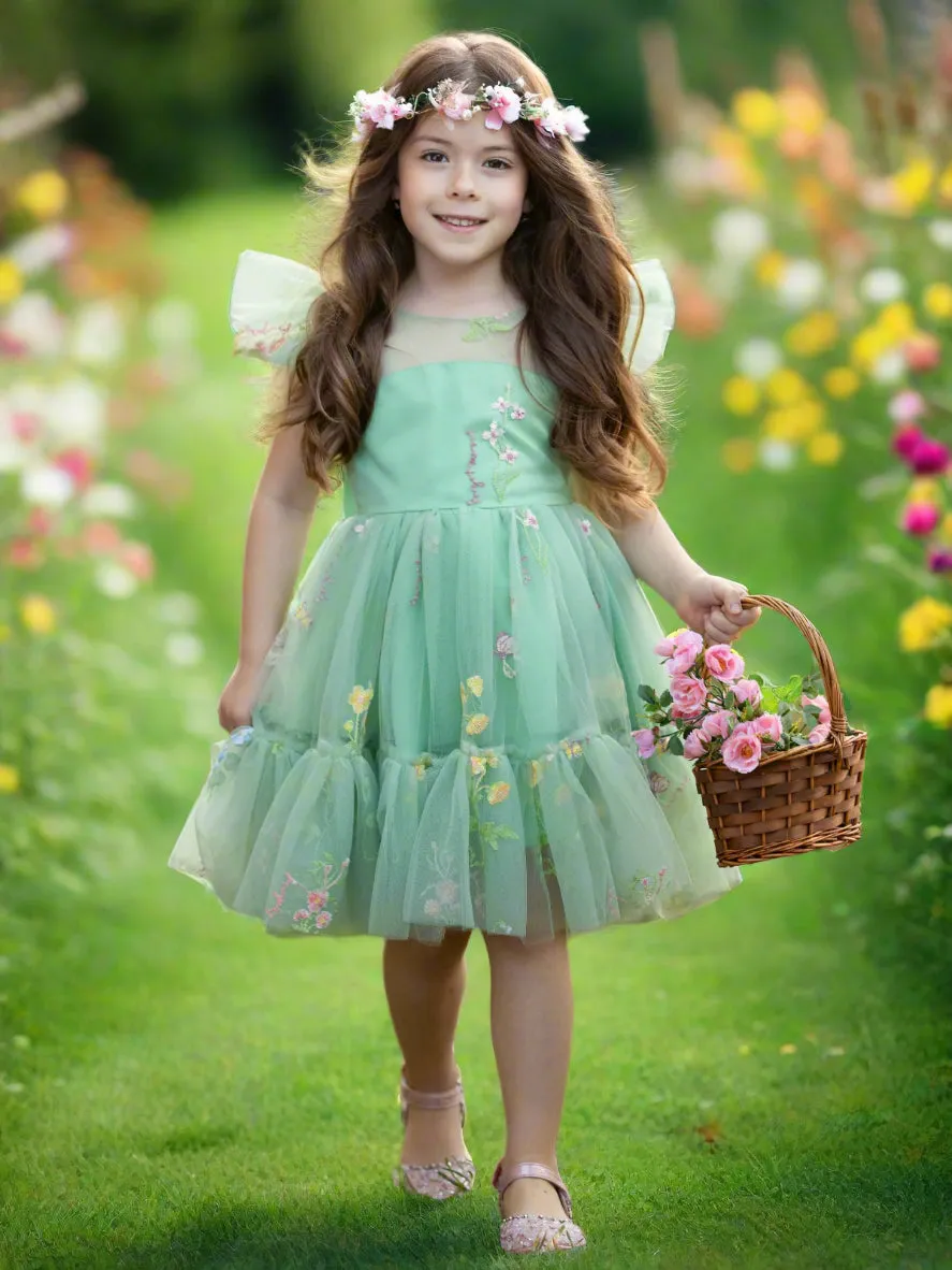 Emerald Fairy Garden Embroidered Floral Tutu Dress