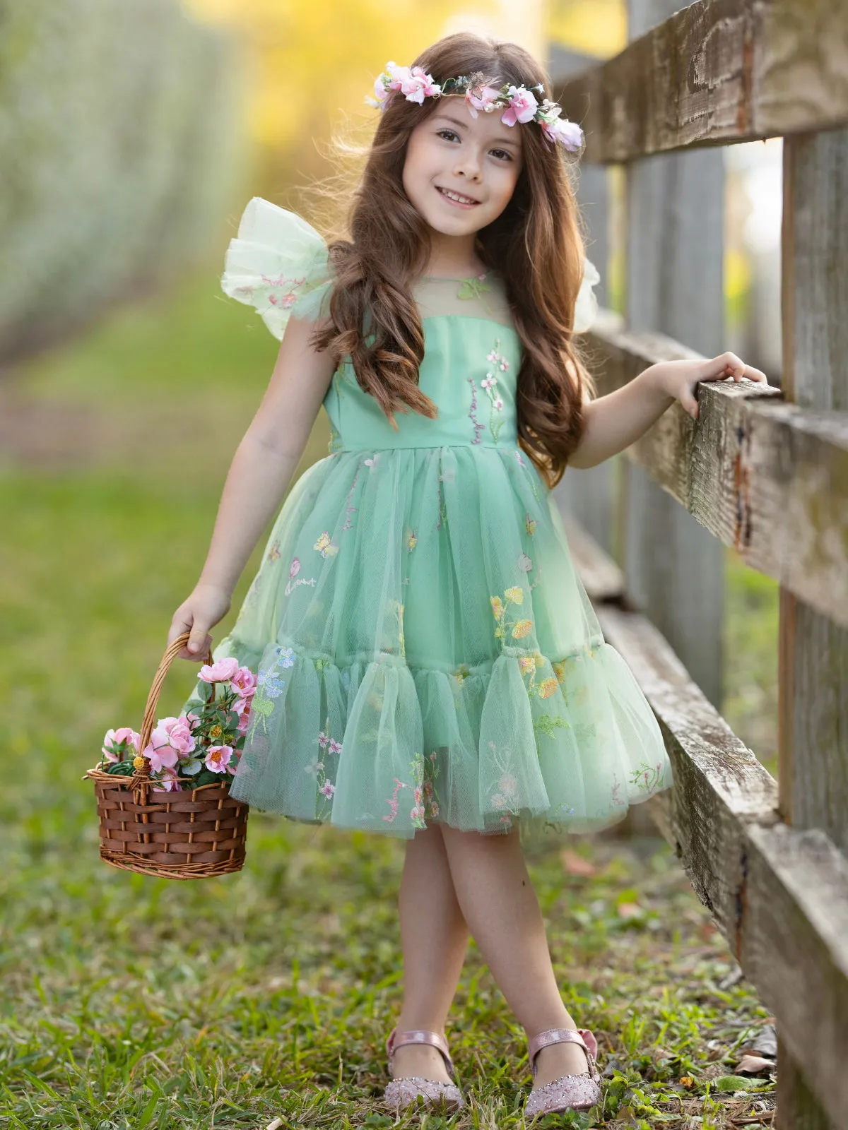 Emerald Fairy Garden Embroidered Floral Tutu Dress