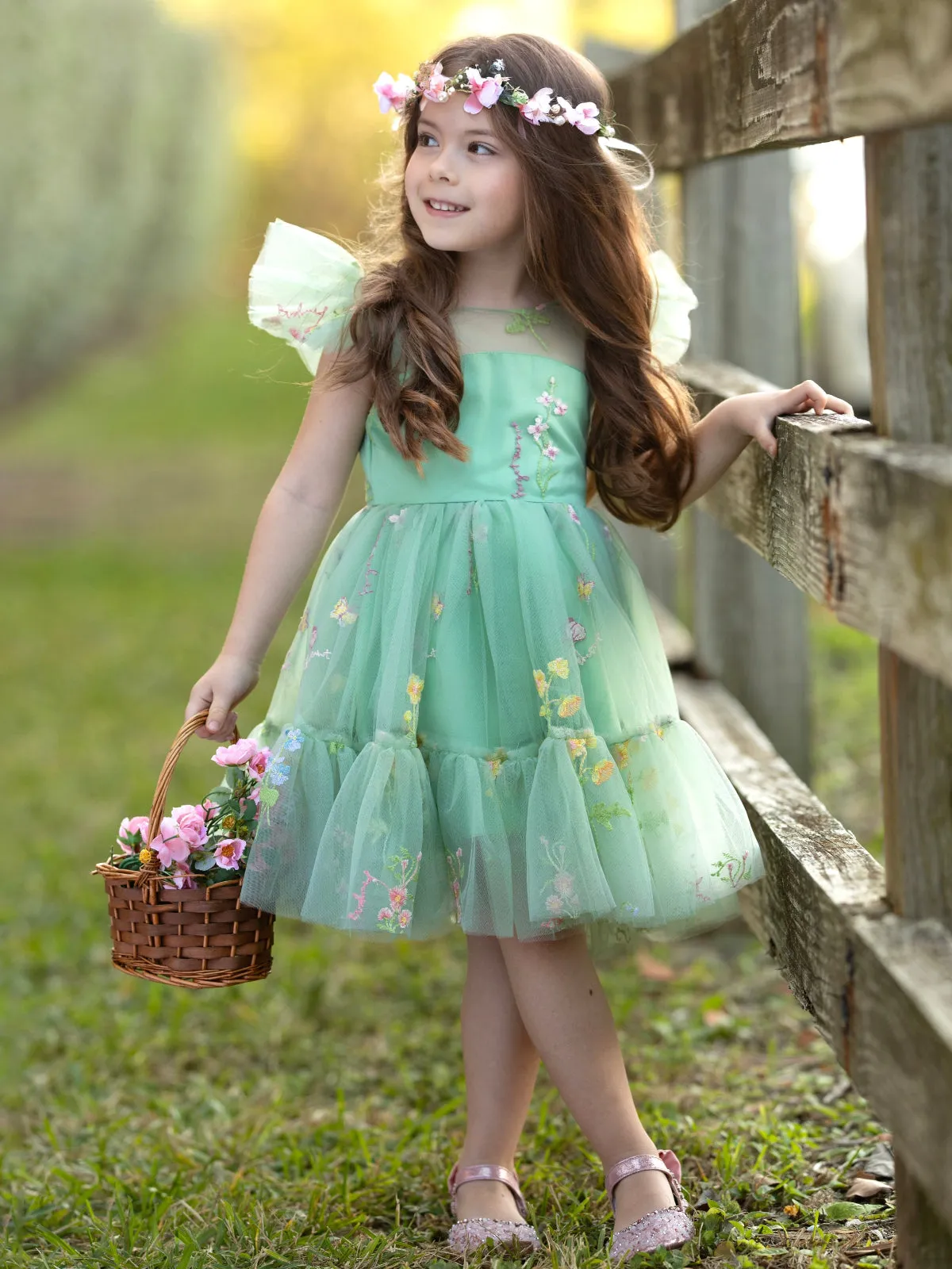 Emerald Fairy Garden Embroidered Floral Tutu Dress