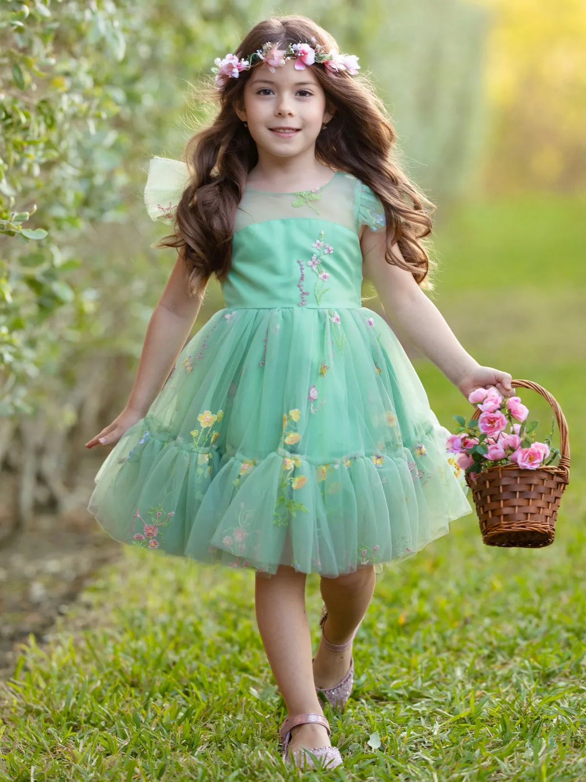 Emerald Fairy Garden Embroidered Floral Tutu Dress