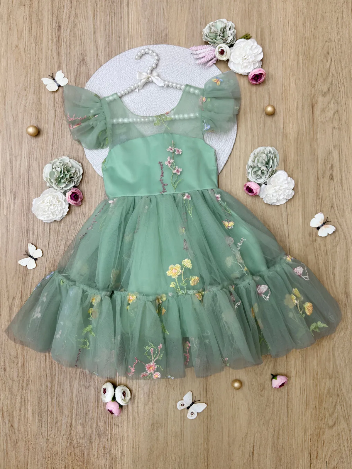 Emerald Fairy Garden Embroidered Floral Tutu Dress