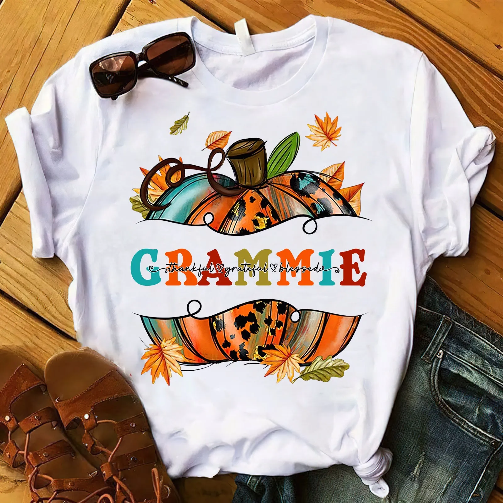 Fall Pumpkin Thankful Blessed Grammie Shirt 943