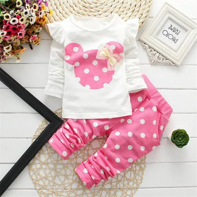 Fashion Bow Dot T shirt  Pant Suit