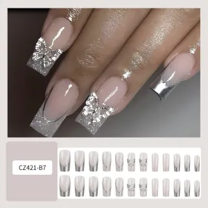 Fofosbeauty 24pcs Press on Nails, Fake Nails, Full Cover Acrylic Nails for Girls Women Kids, Coffin Glittering Starry Sky Butterfly Silver Edge