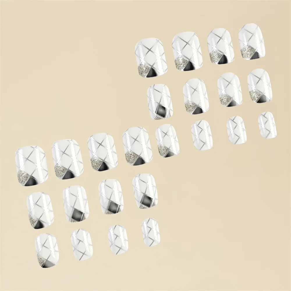 Fofosbeauty 24pcs Press on Nails, Fake Nails, Full Cover Acrylic Nails for Girls Women Kids, Square Gray White Diamond Pattern