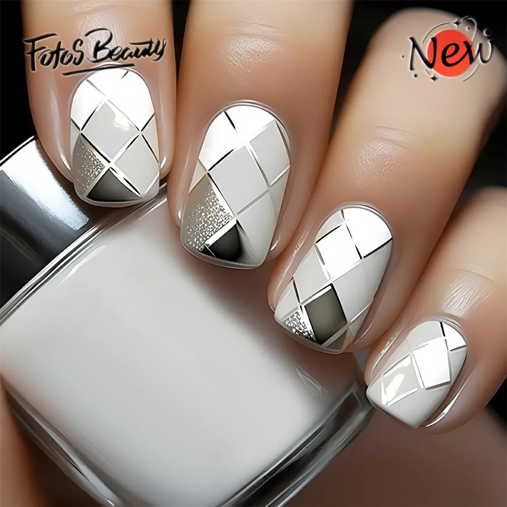 Fofosbeauty 24pcs Press on Nails, Fake Nails, Full Cover Acrylic Nails for Girls Women Kids, Square Gray White Diamond Pattern