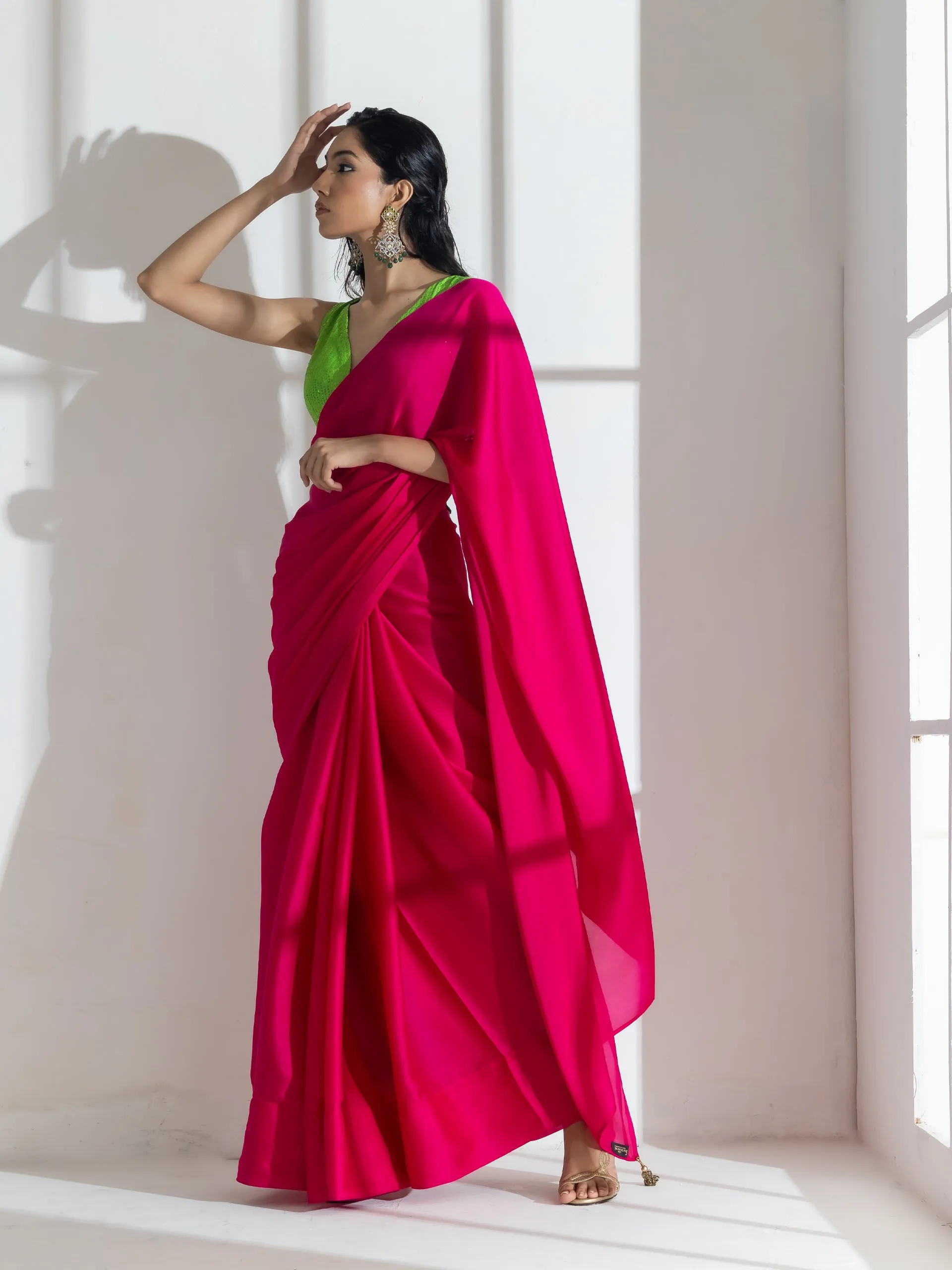 Fuschia Satin Saree with Green Sequin Blouse Fabric