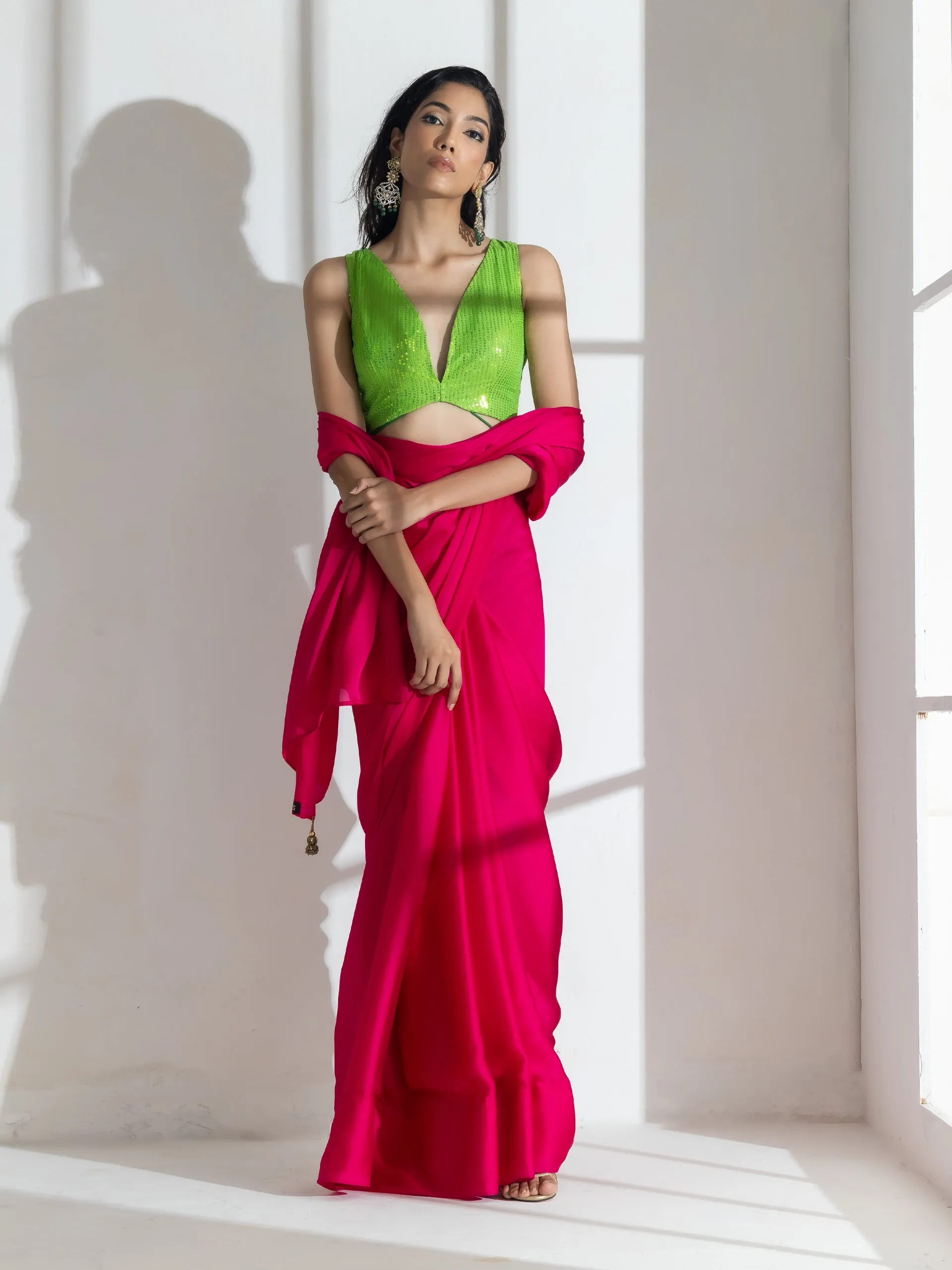 Fuschia Satin Saree with Green Sequin Blouse Fabric