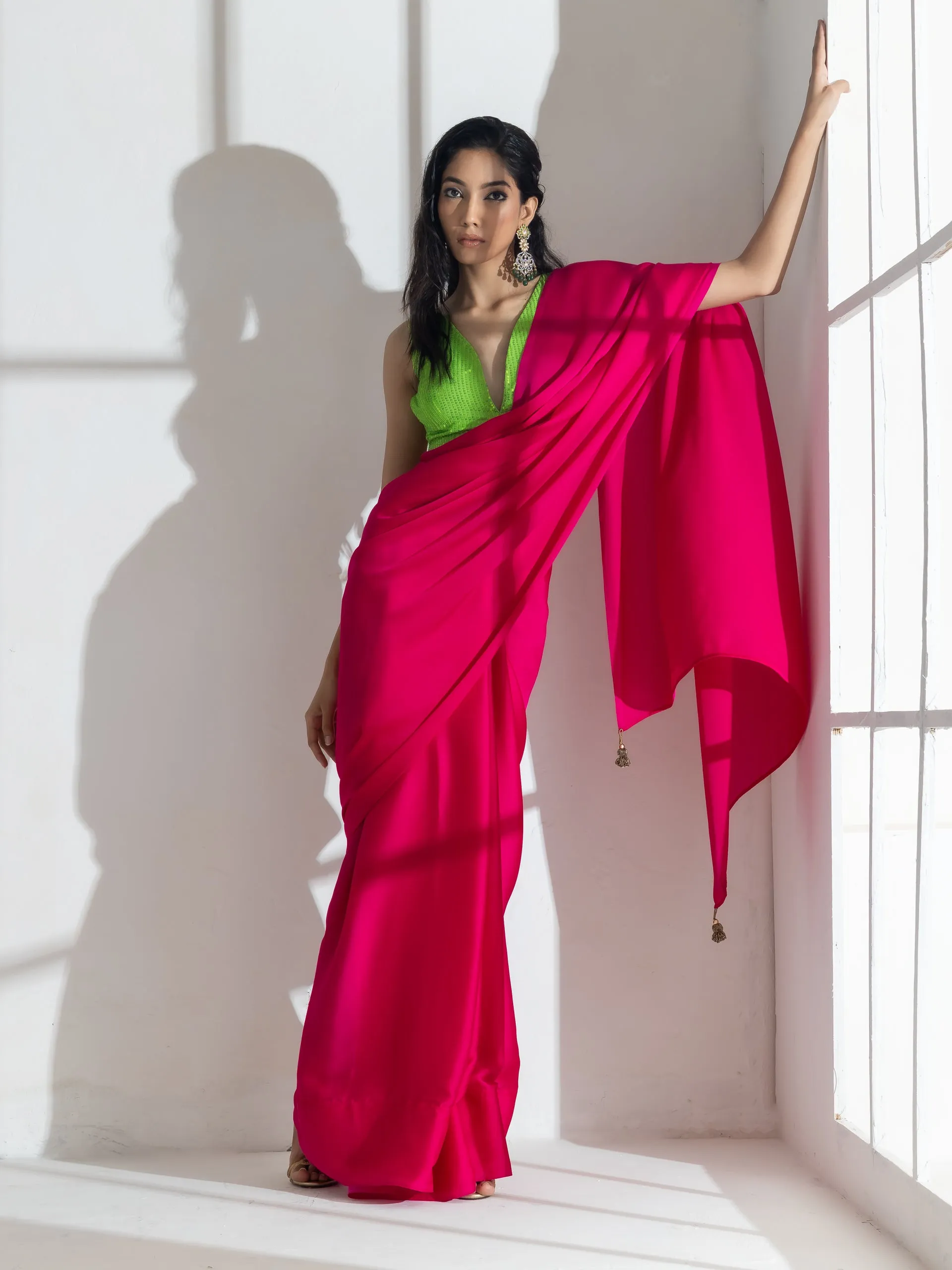 Fuschia Satin Saree with Green Sequin Blouse Fabric