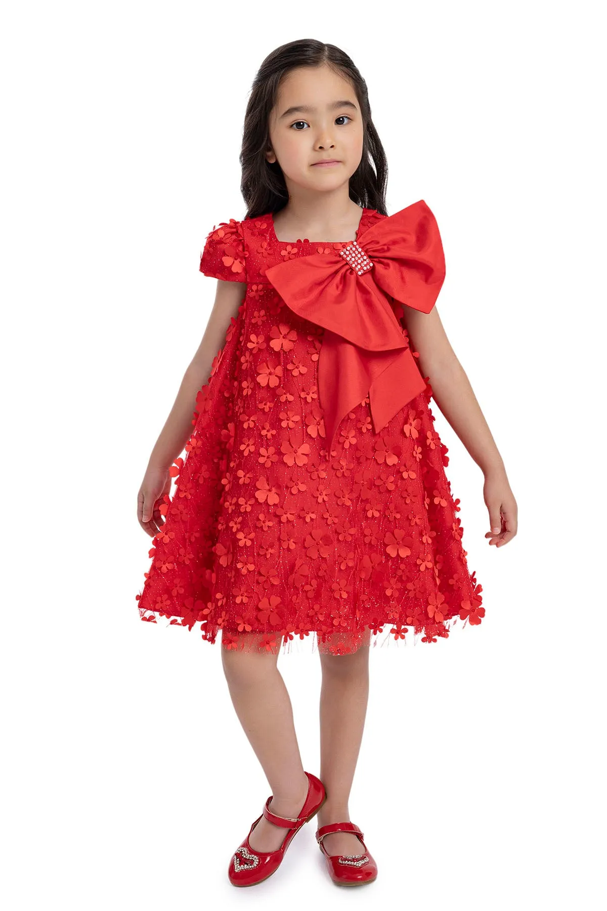 Girls Red Trapeze Party Dress with a Bow