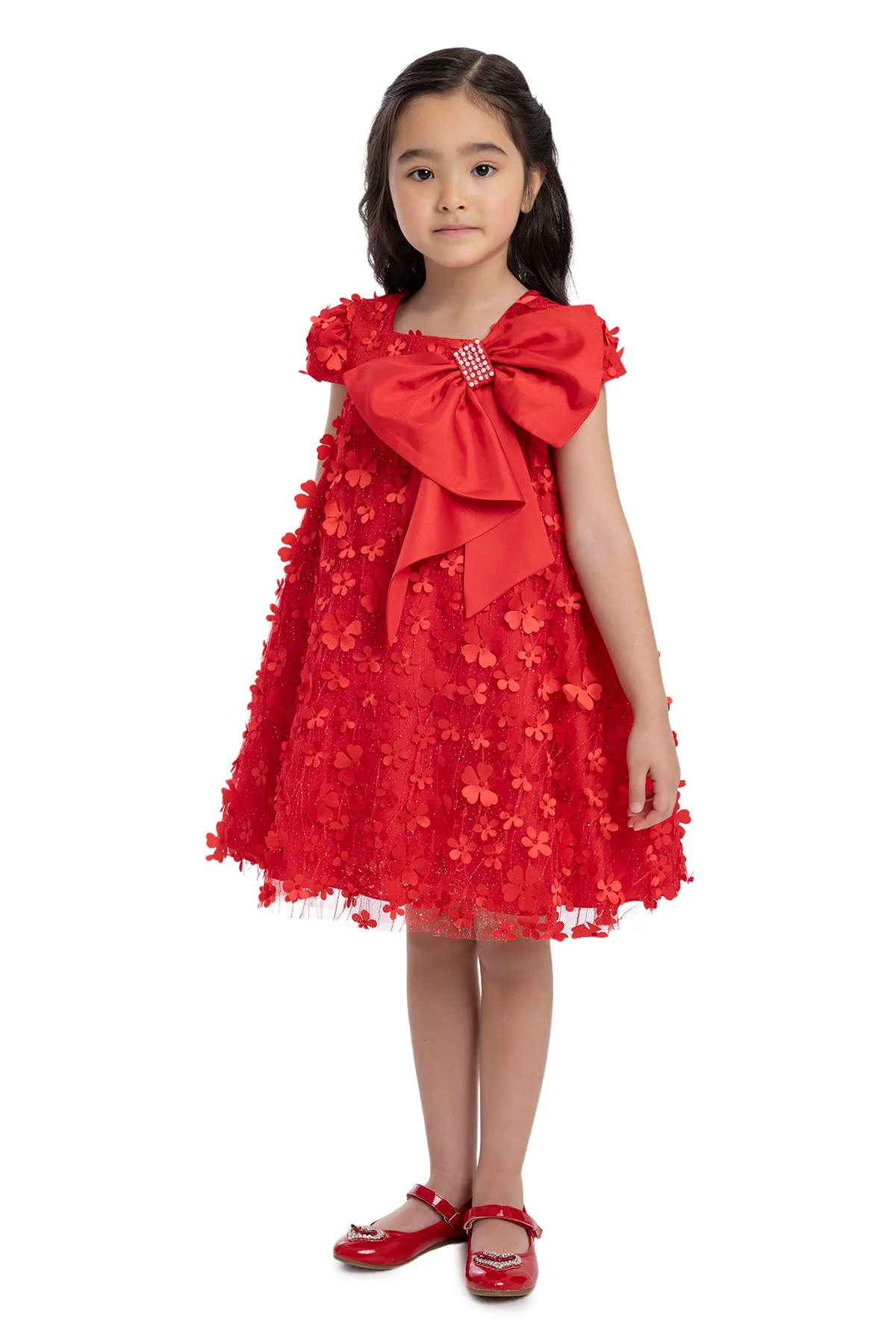Girls Red Trapeze Party Dress with a Bow