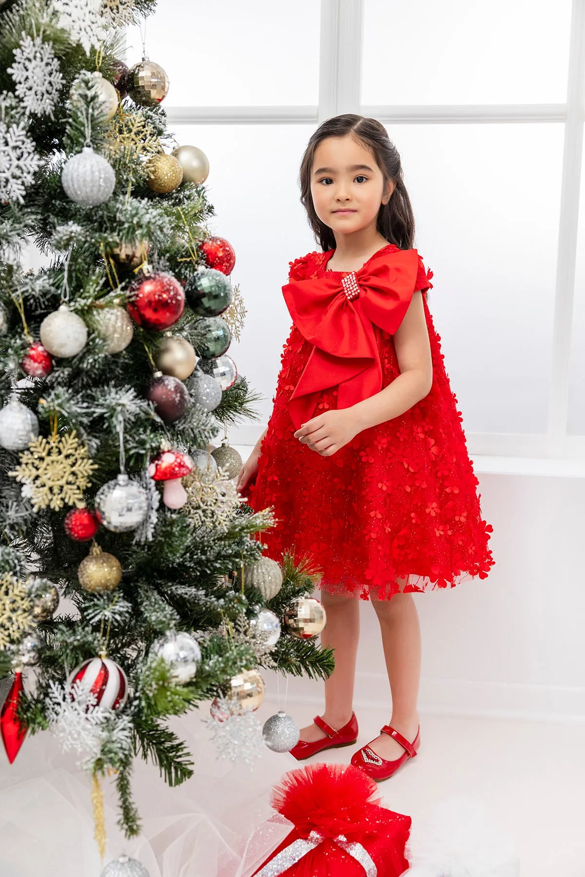 Girls Red Trapeze Party Dress with a Bow