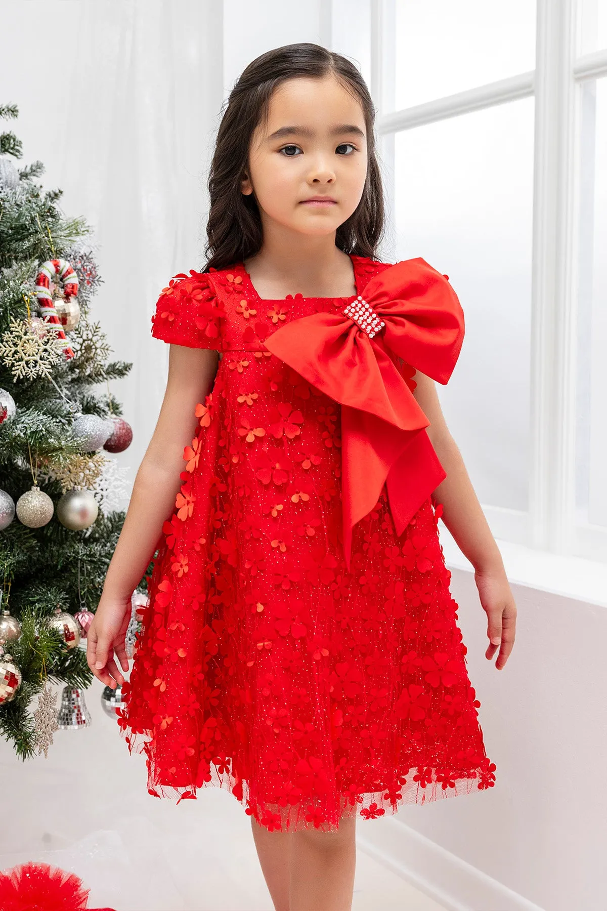 Girls Red Trapeze Party Dress with a Bow