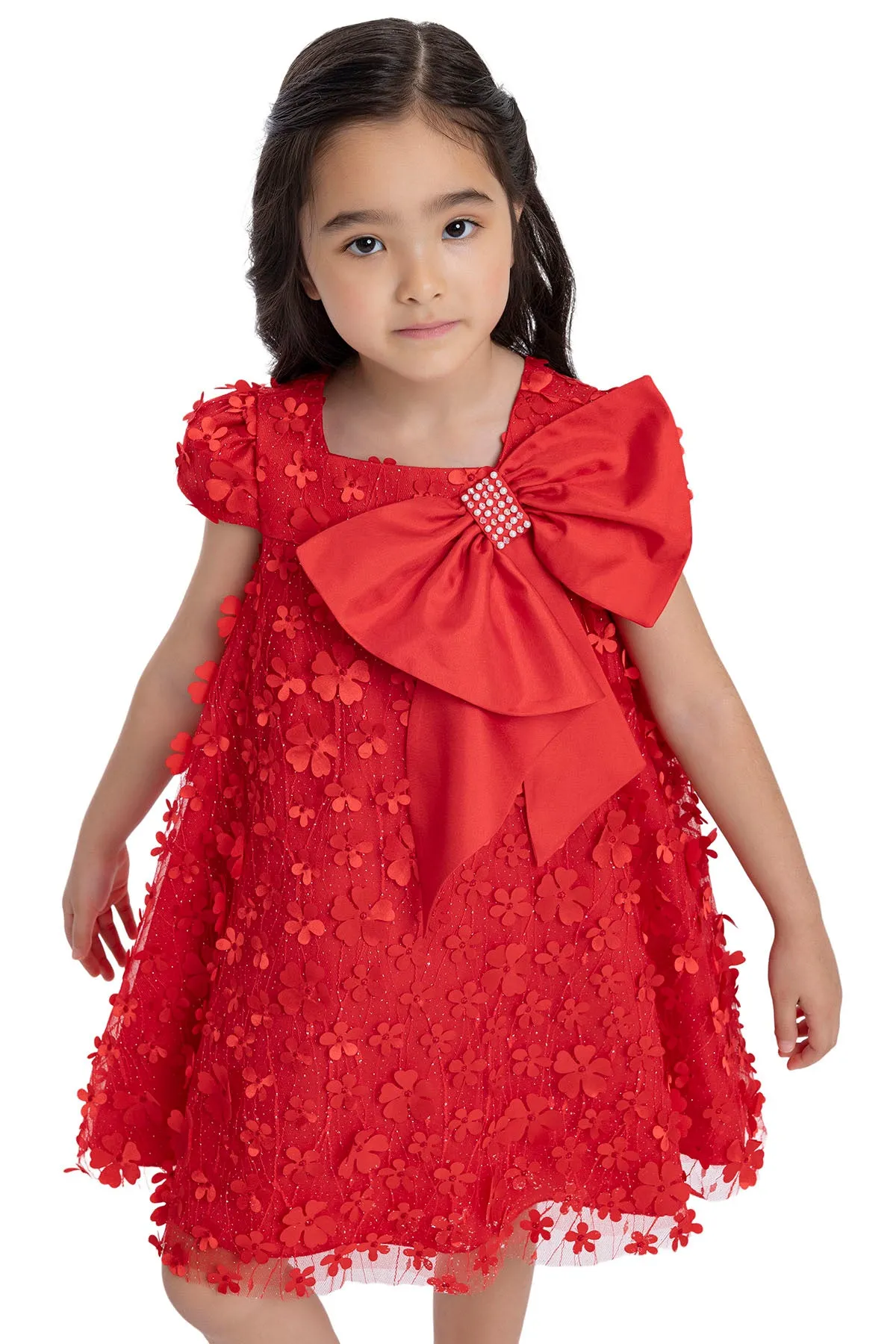 Girls Red Trapeze Party Dress with a Bow