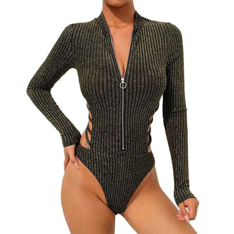 Glittery Backless Striped Bodysuit