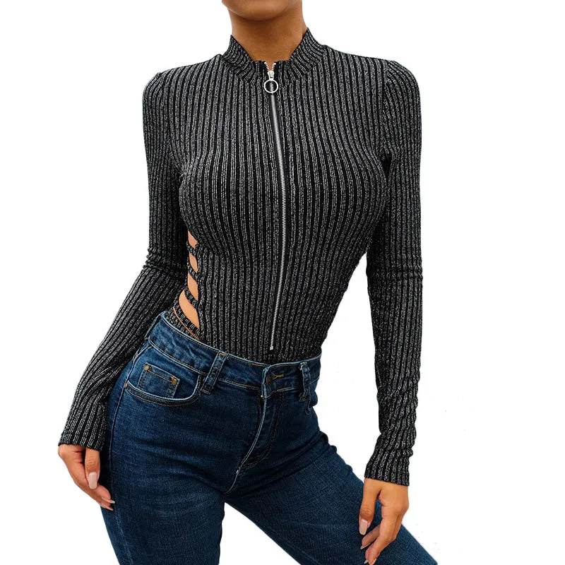 Glittery Backless Striped Bodysuit