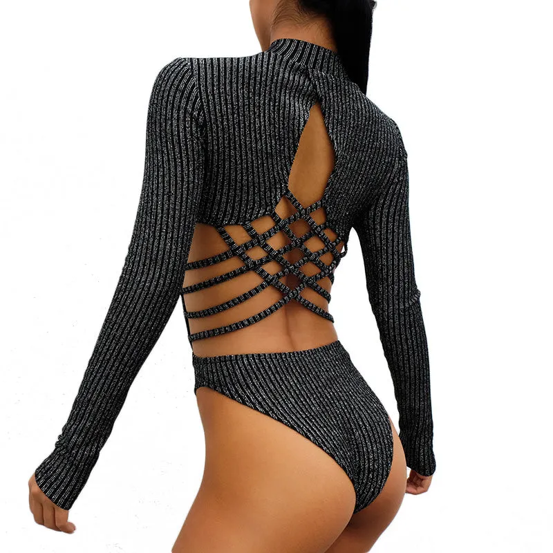 Glittery Backless Striped Bodysuit