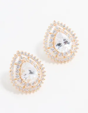 Gold Cubic Zirconia Sparkling Pear Stud Earrings