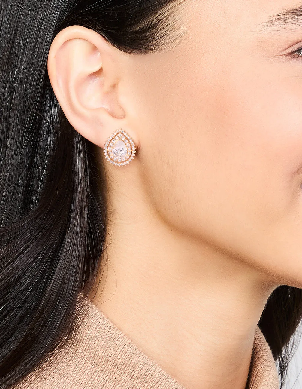 Gold Cubic Zirconia Sparkling Pear Stud Earrings