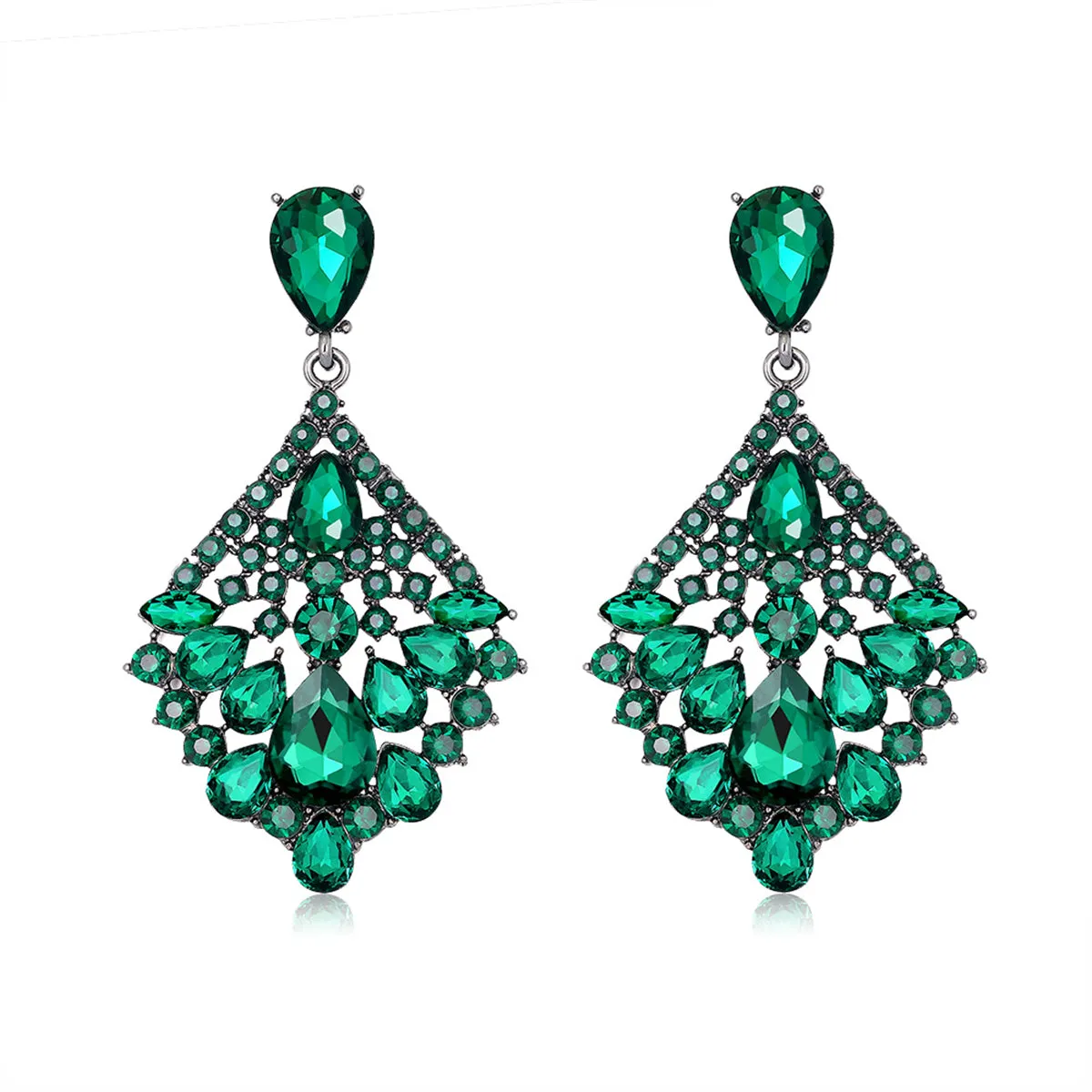 Green & Cubic Zirconia Rhombus Drop Earrings