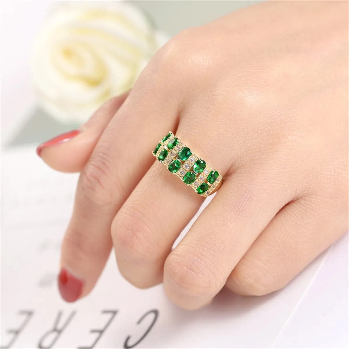 Green Crystal & 18K Gold-Plated Oval-Cut Band Ring
