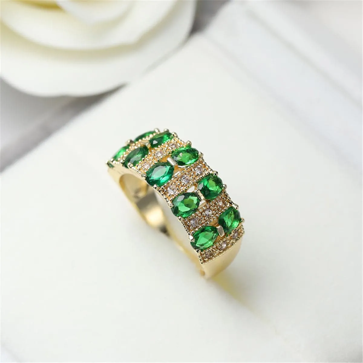 Green Crystal & 18K Gold-Plated Oval-Cut Band Ring