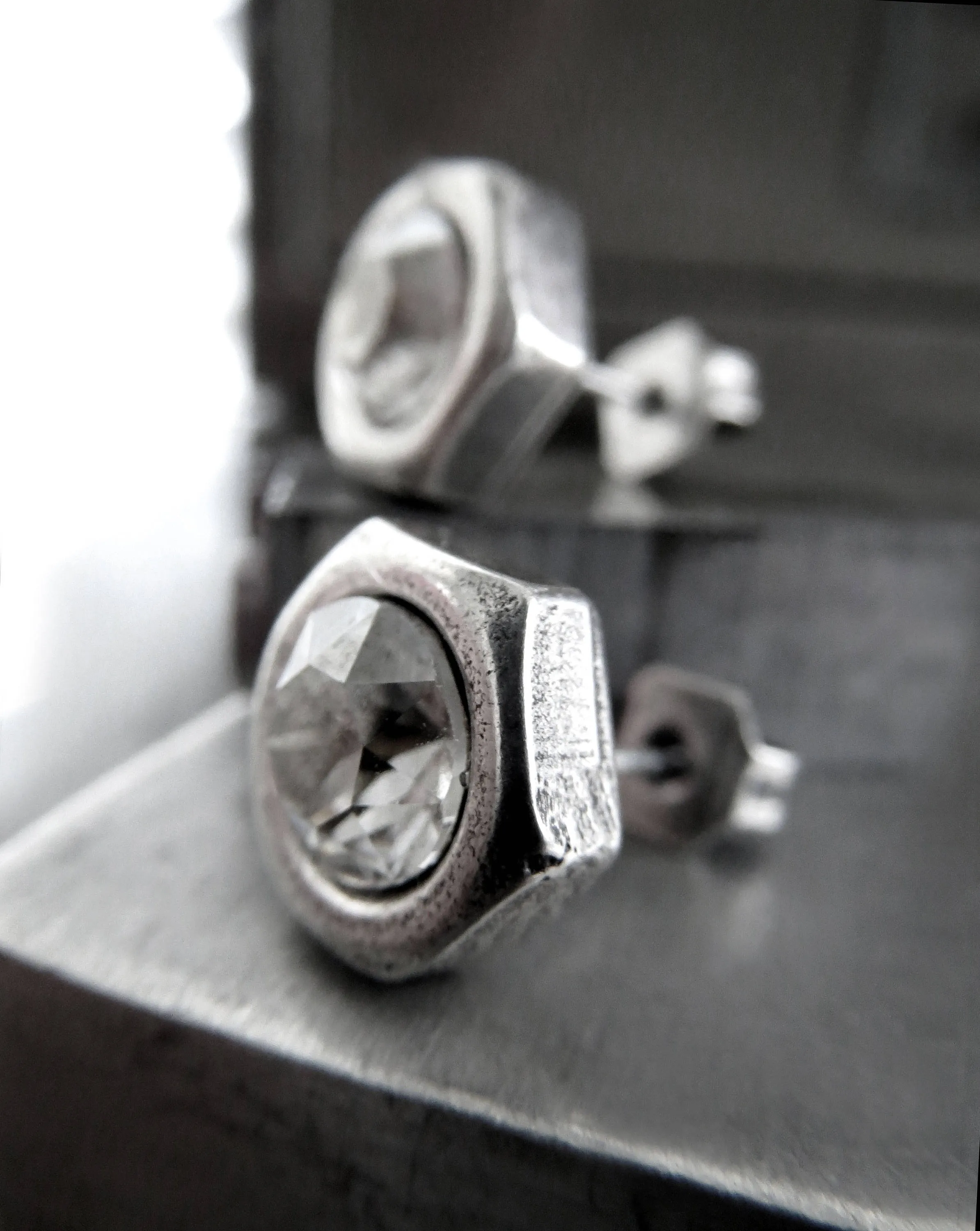 Hex Nut Silver Stud Earrings with Crystal
