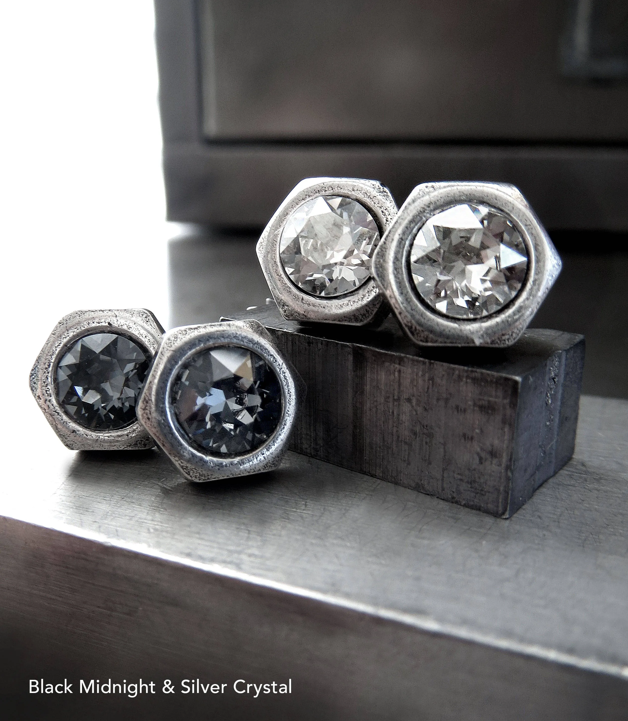 Hex Nut Silver Stud Earrings with Crystal