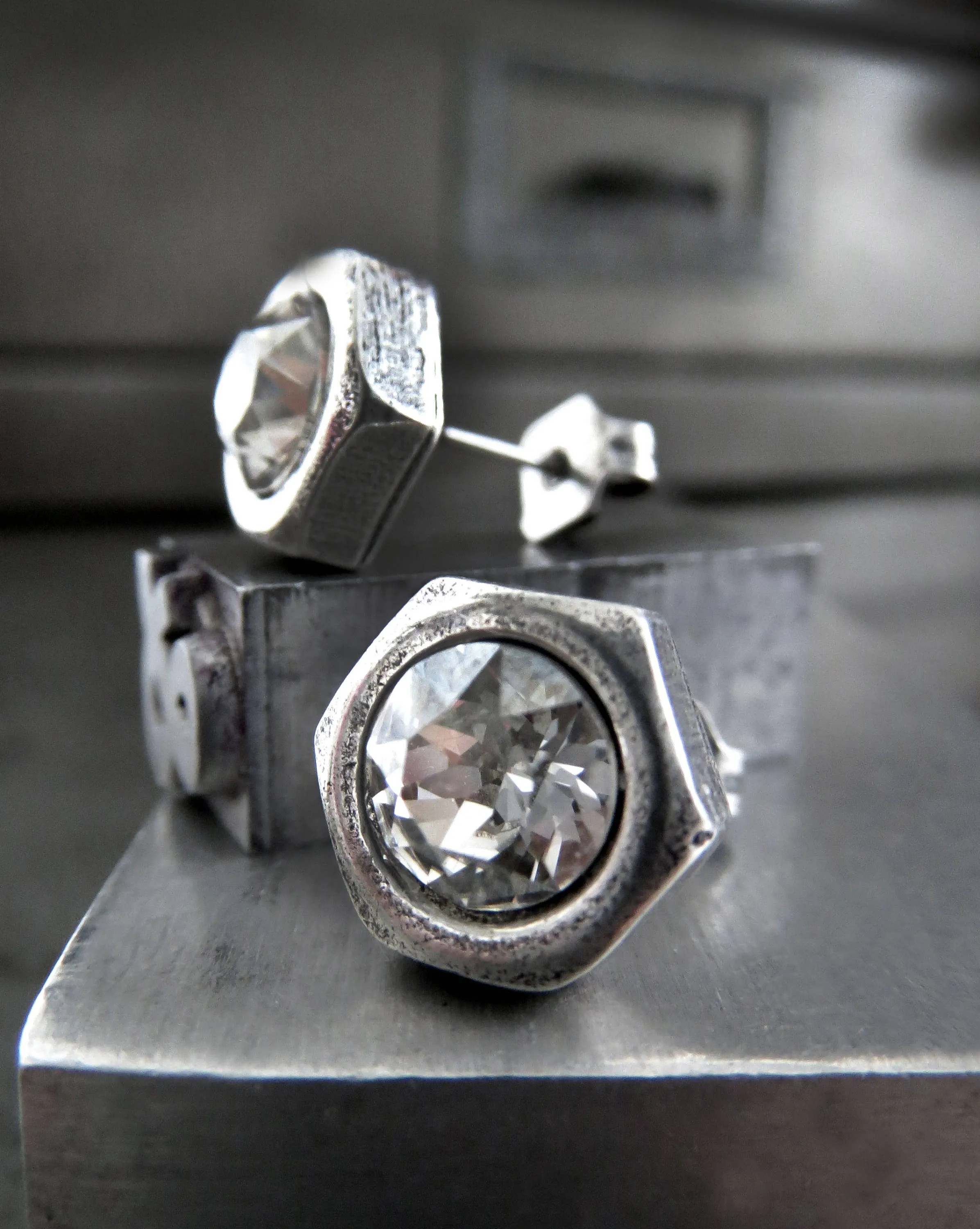Hex Nut Silver Stud Earrings with Crystal