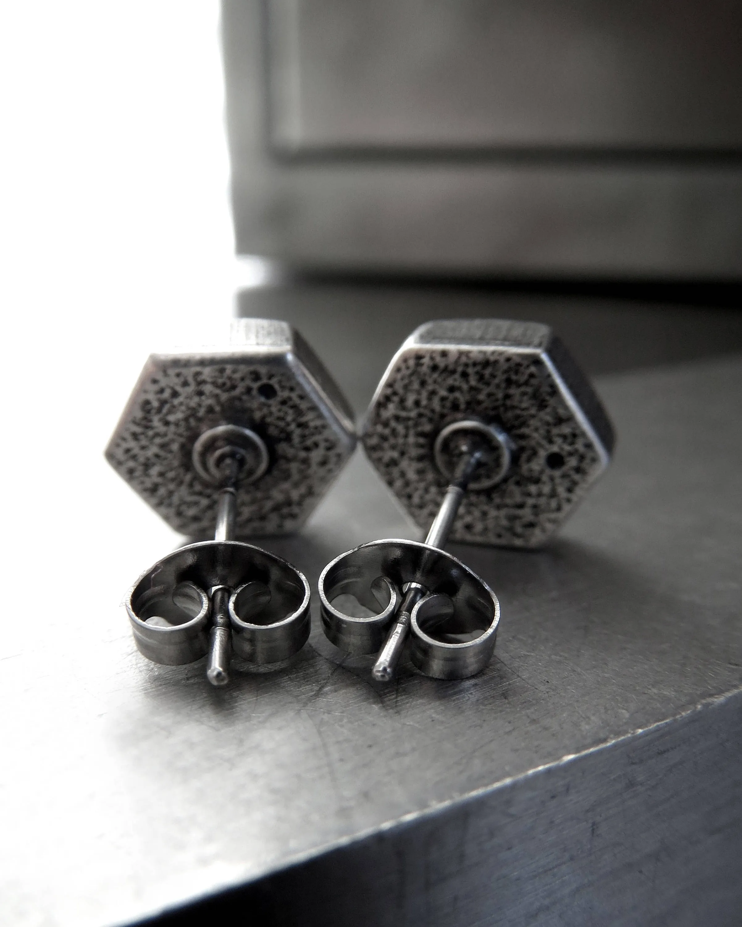 Hex Nut Silver Stud Earrings with Crystal