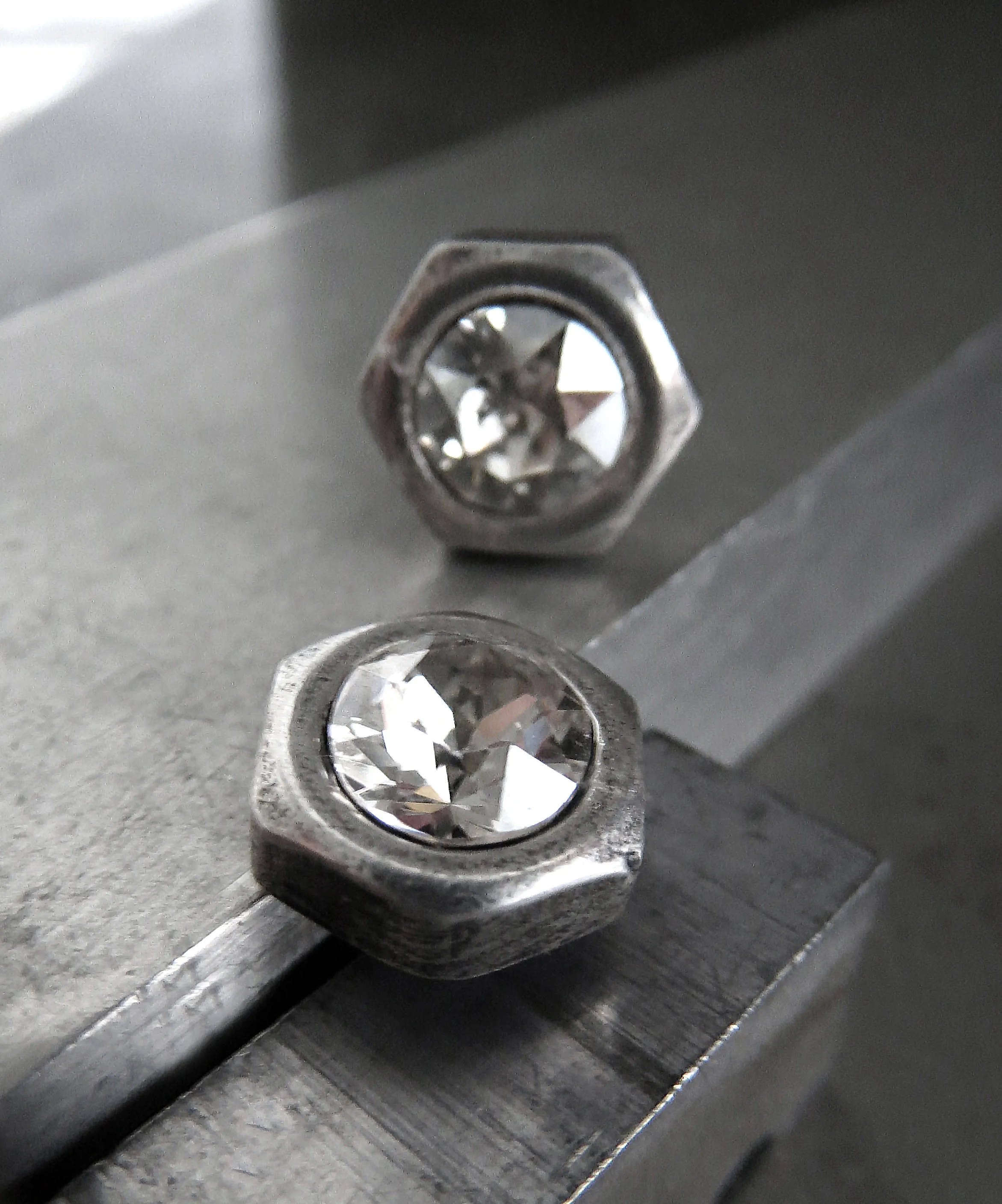 Hex Nut Silver Stud Earrings with Crystal