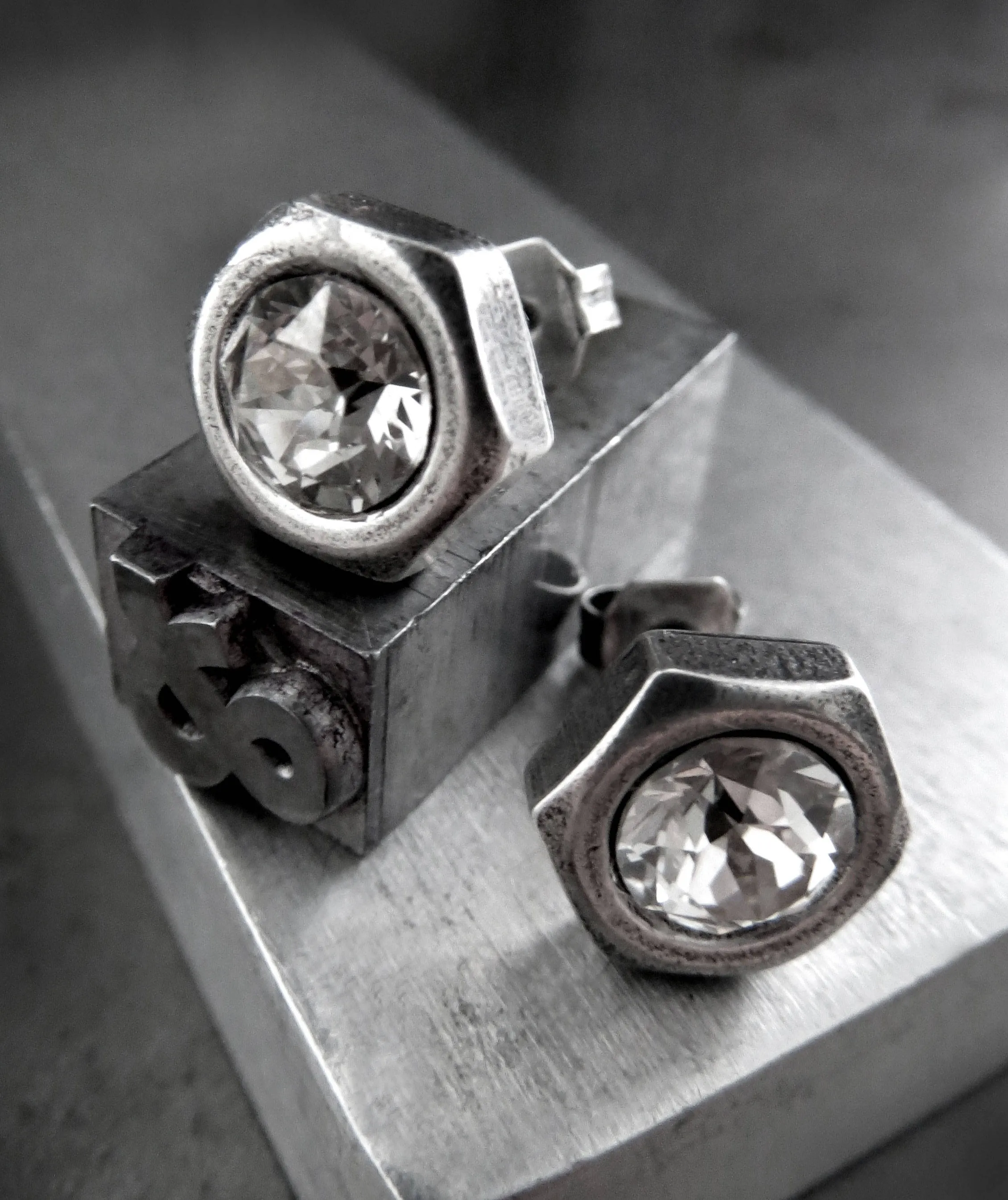 Hex Nut Silver Stud Earrings with Crystal