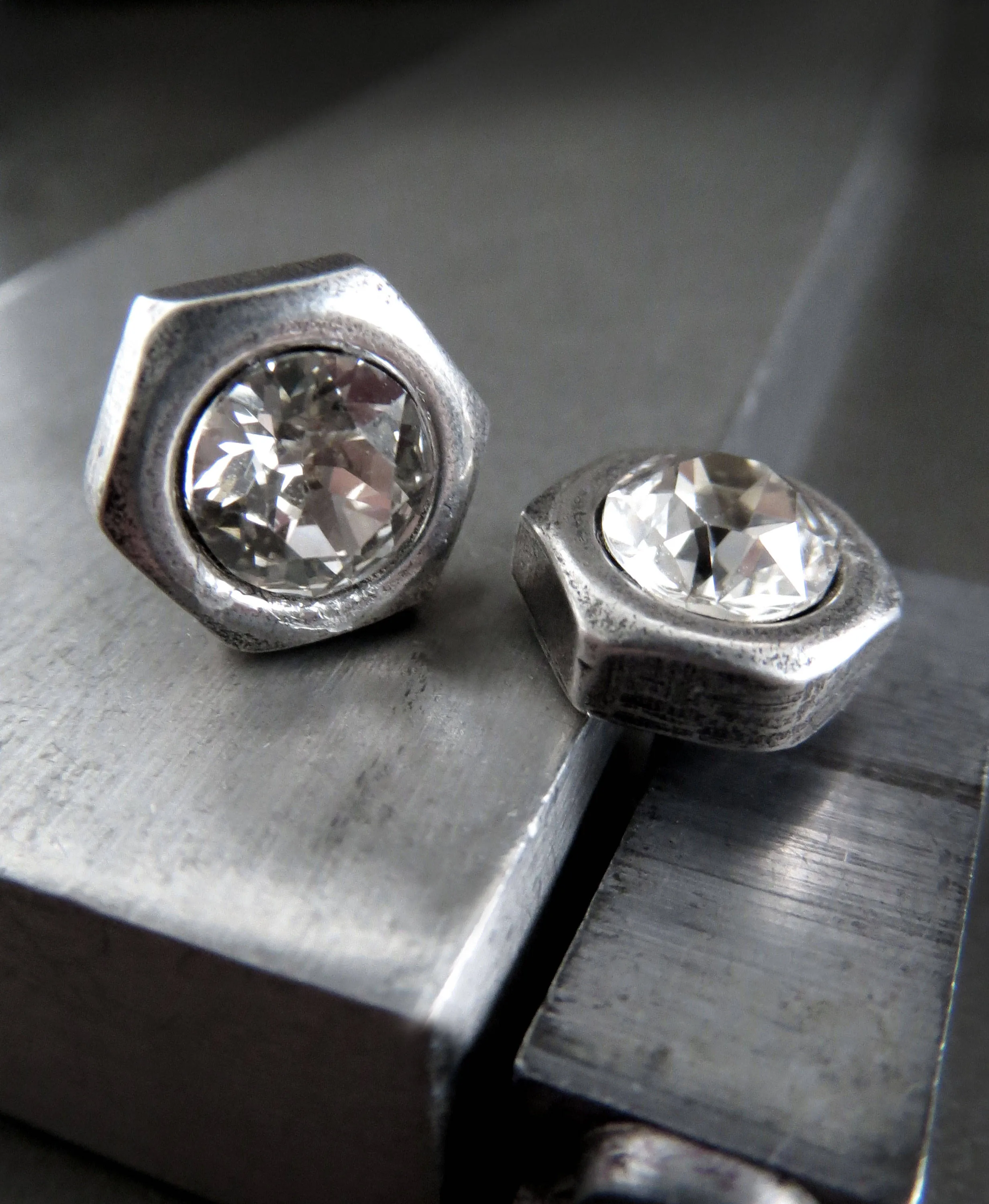 Hex Nut Silver Stud Earrings with Crystal