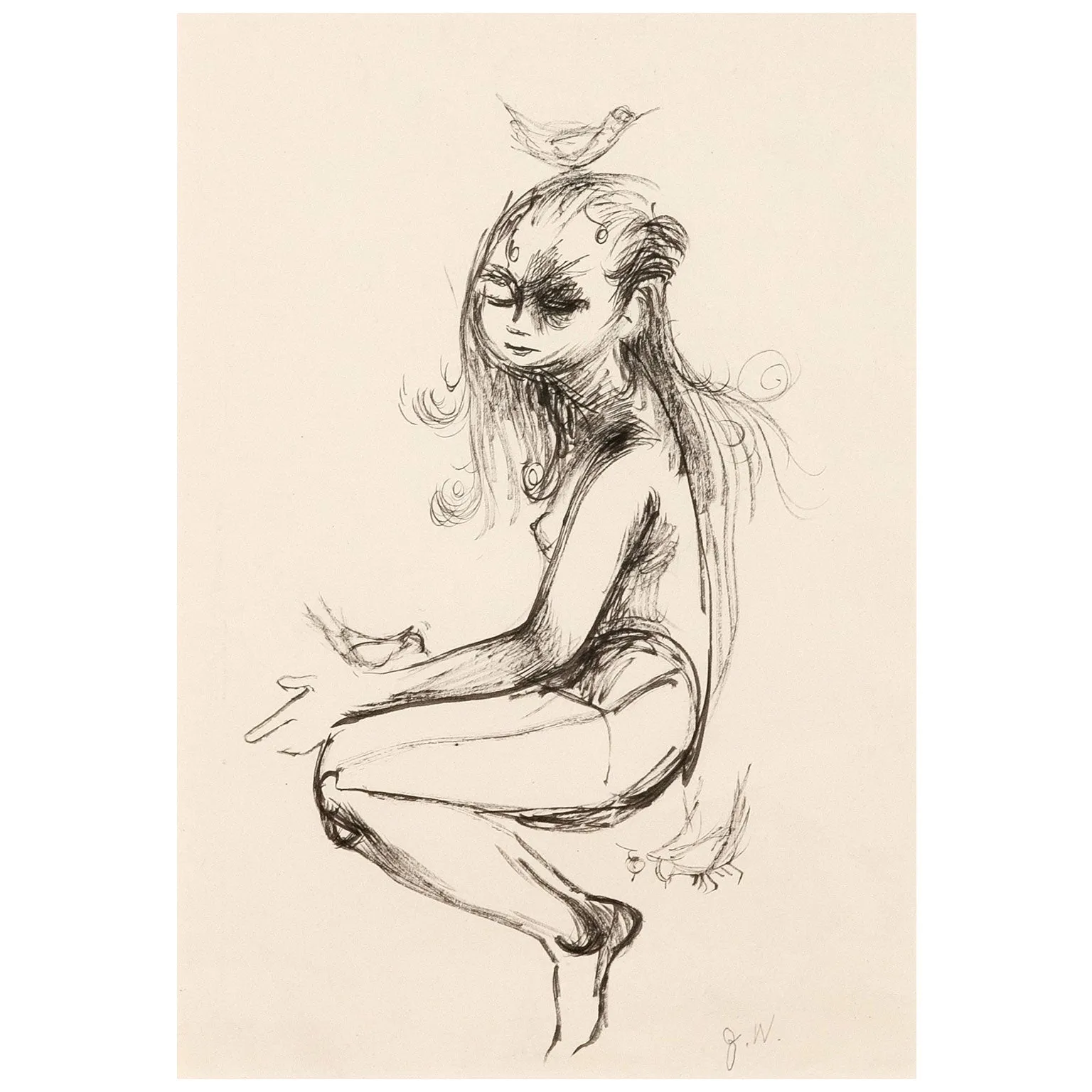 JOYCE WIELAND "GIRL WITH BIRDS" DRAWING